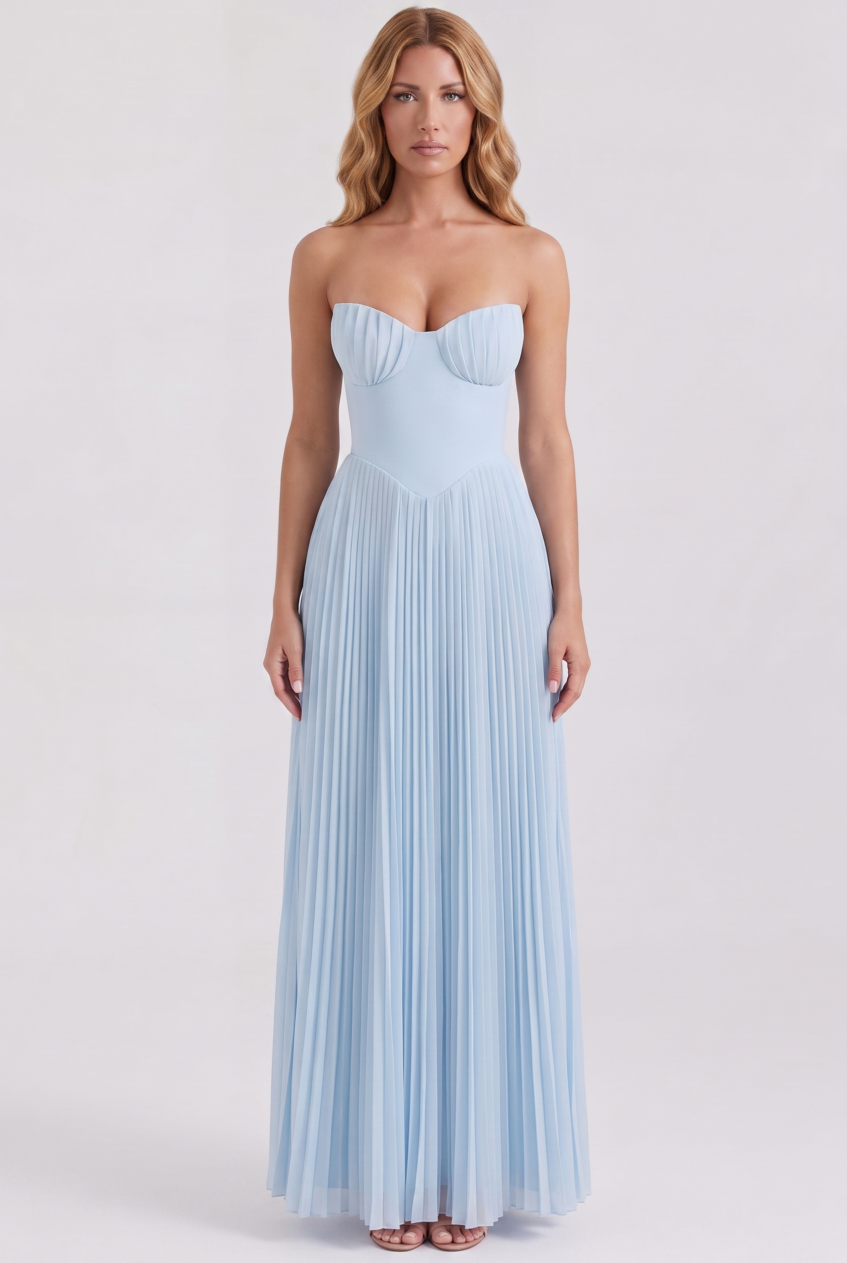 Baby Blue Pleated Strapless Maxi Dress
