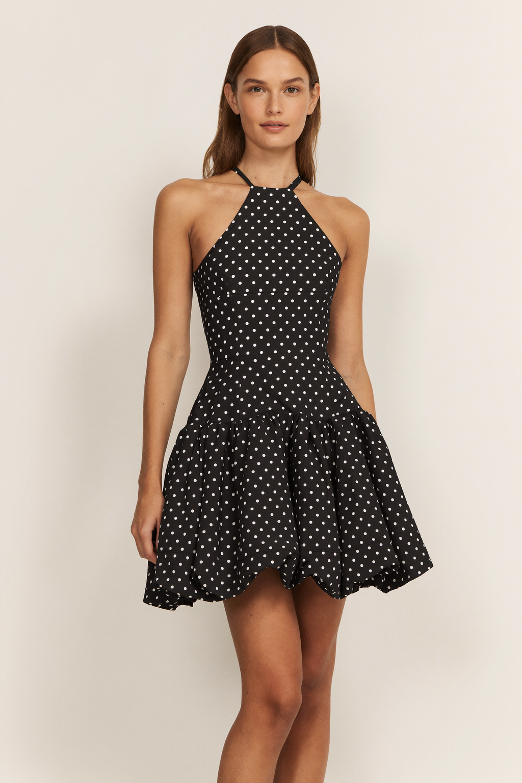 Black Polka Dot Halter Mini Dress with Puffball Skirt - Front View
