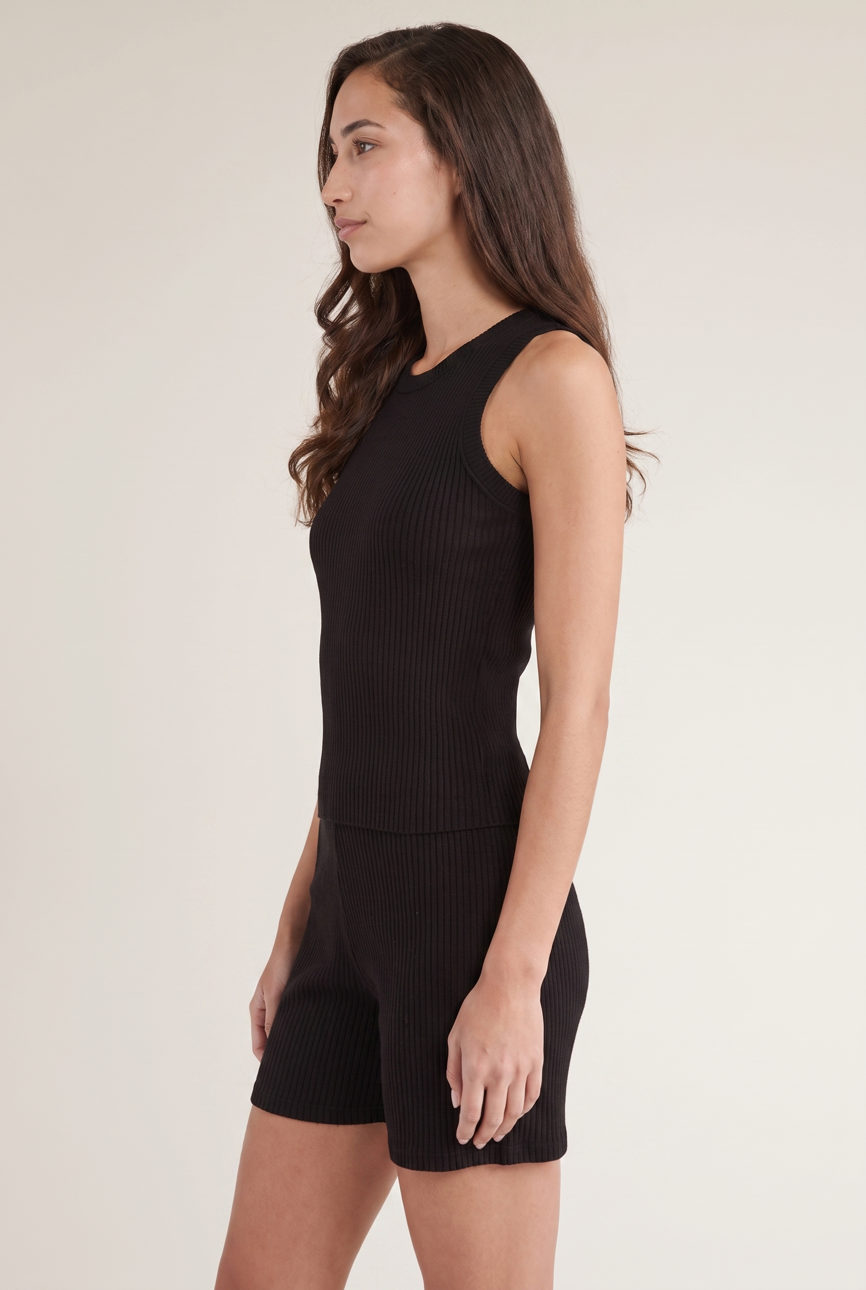 Black Ribbed Knit Playsuit - Side View