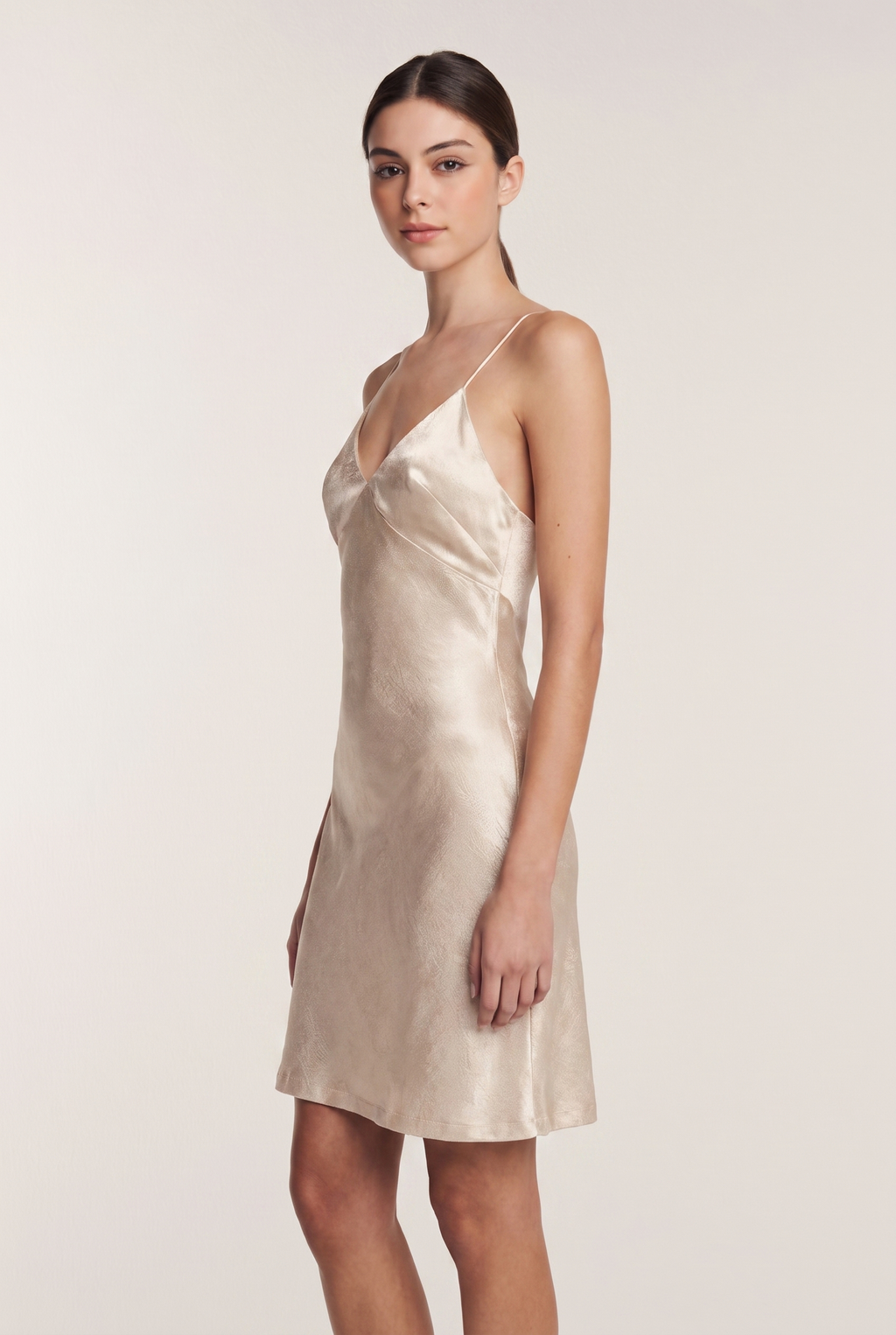 Champagne Satin Bias Cut Birthday Mini Dress - Side View