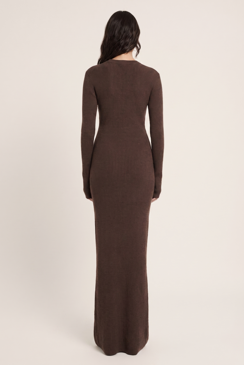 Chocolate Ribbed Knit Maxi Dress - Back View