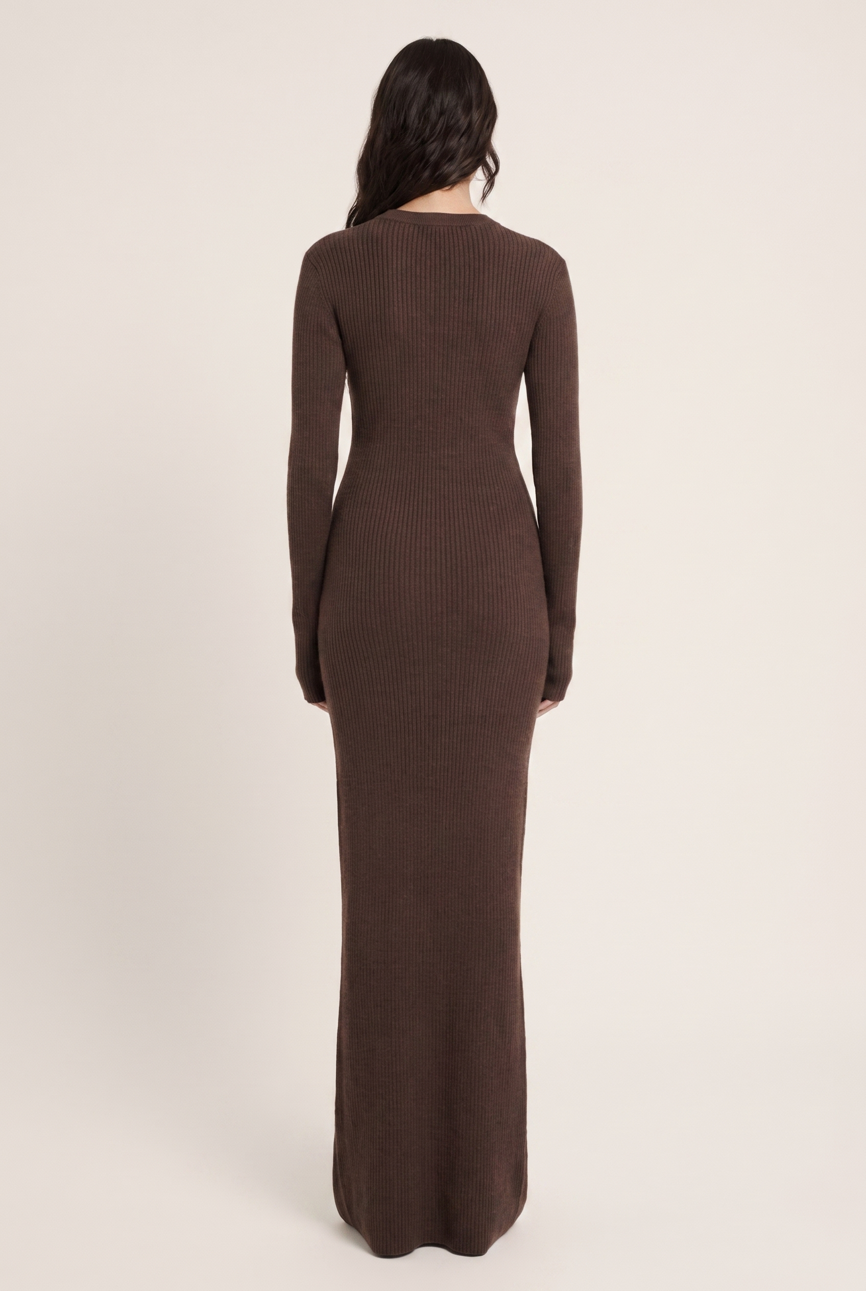 Chocolate Ribbed Knit Maxi Dress - Back View