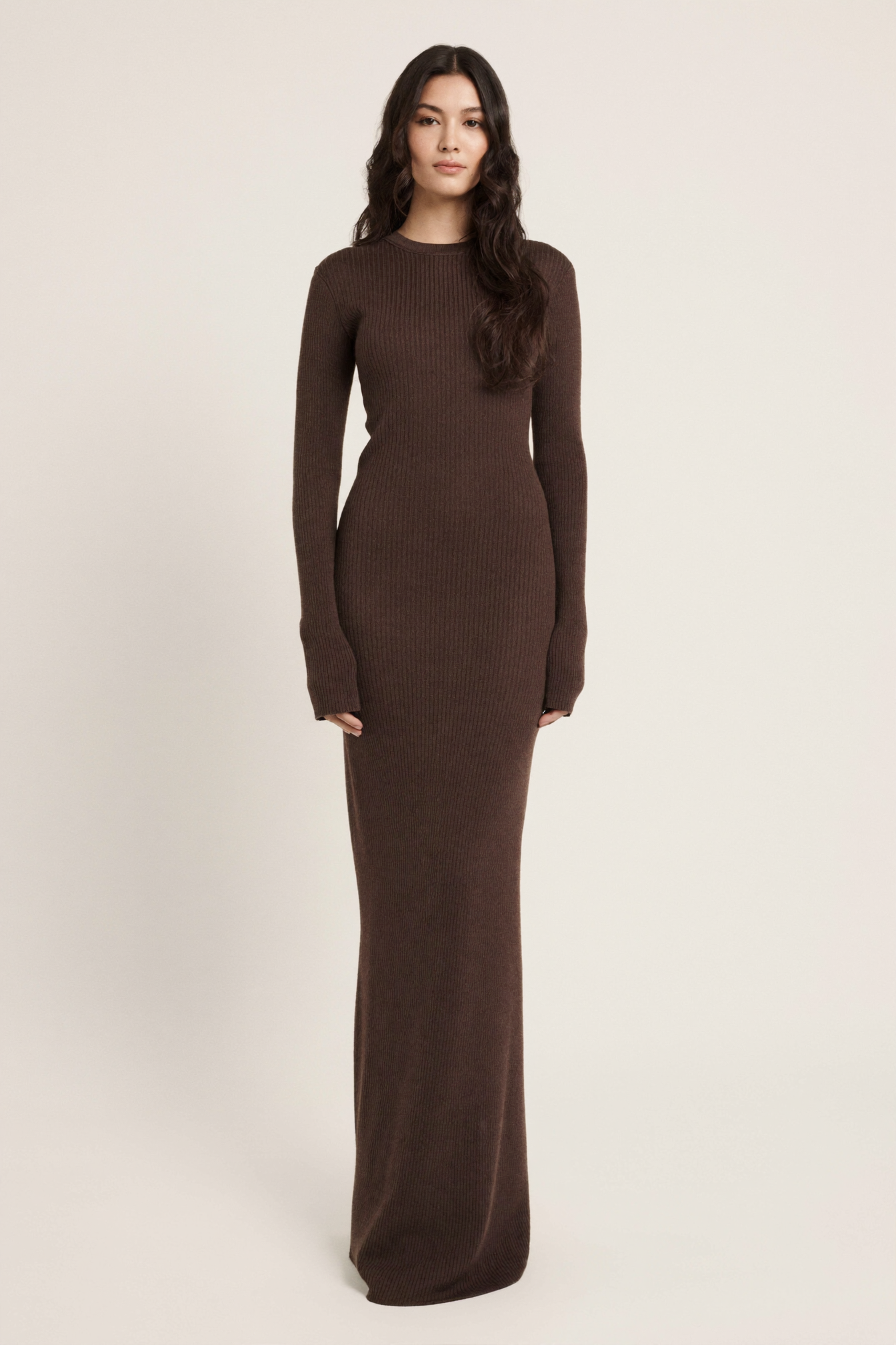 Chocolate Ribbed Knit Maxi Dress - Front View