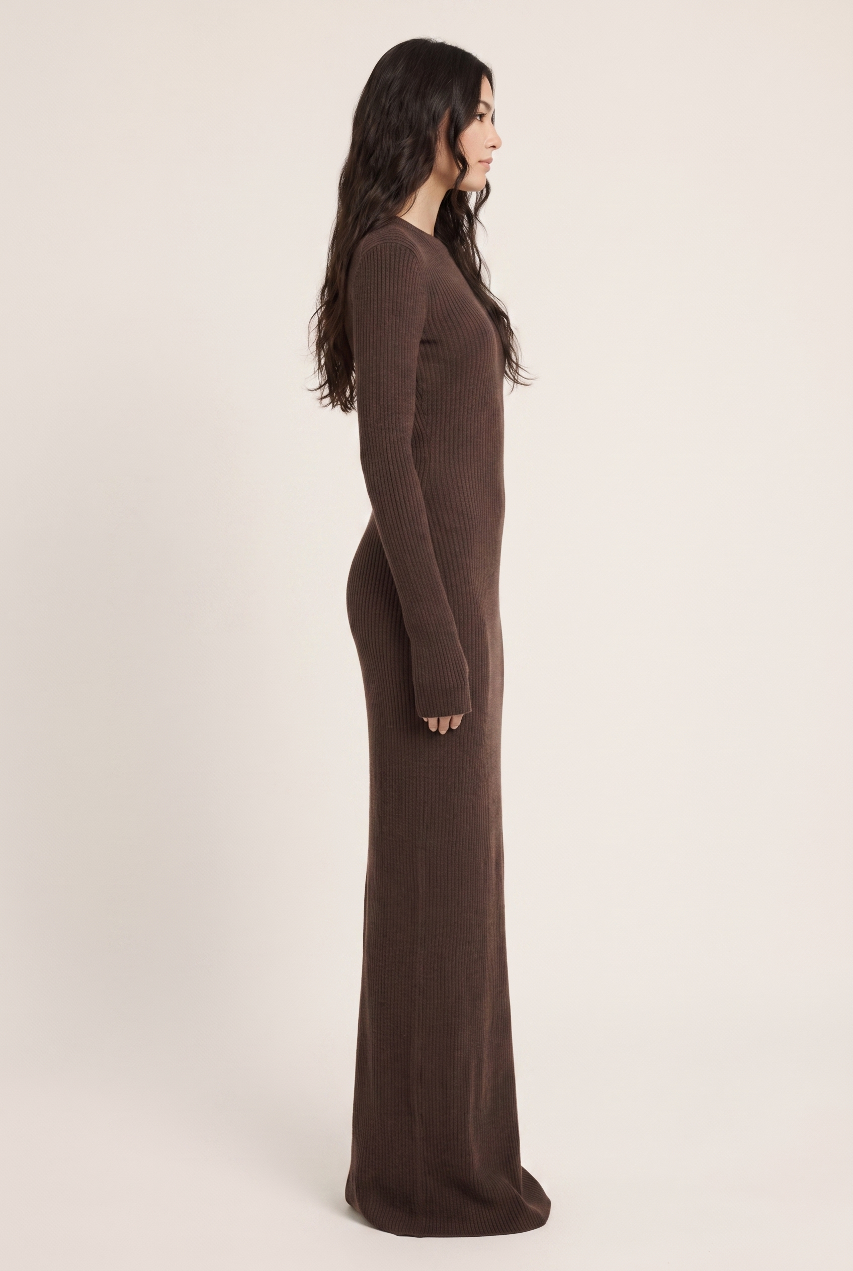 Chocolate Ribbed Knit Maxi Dress - Side View