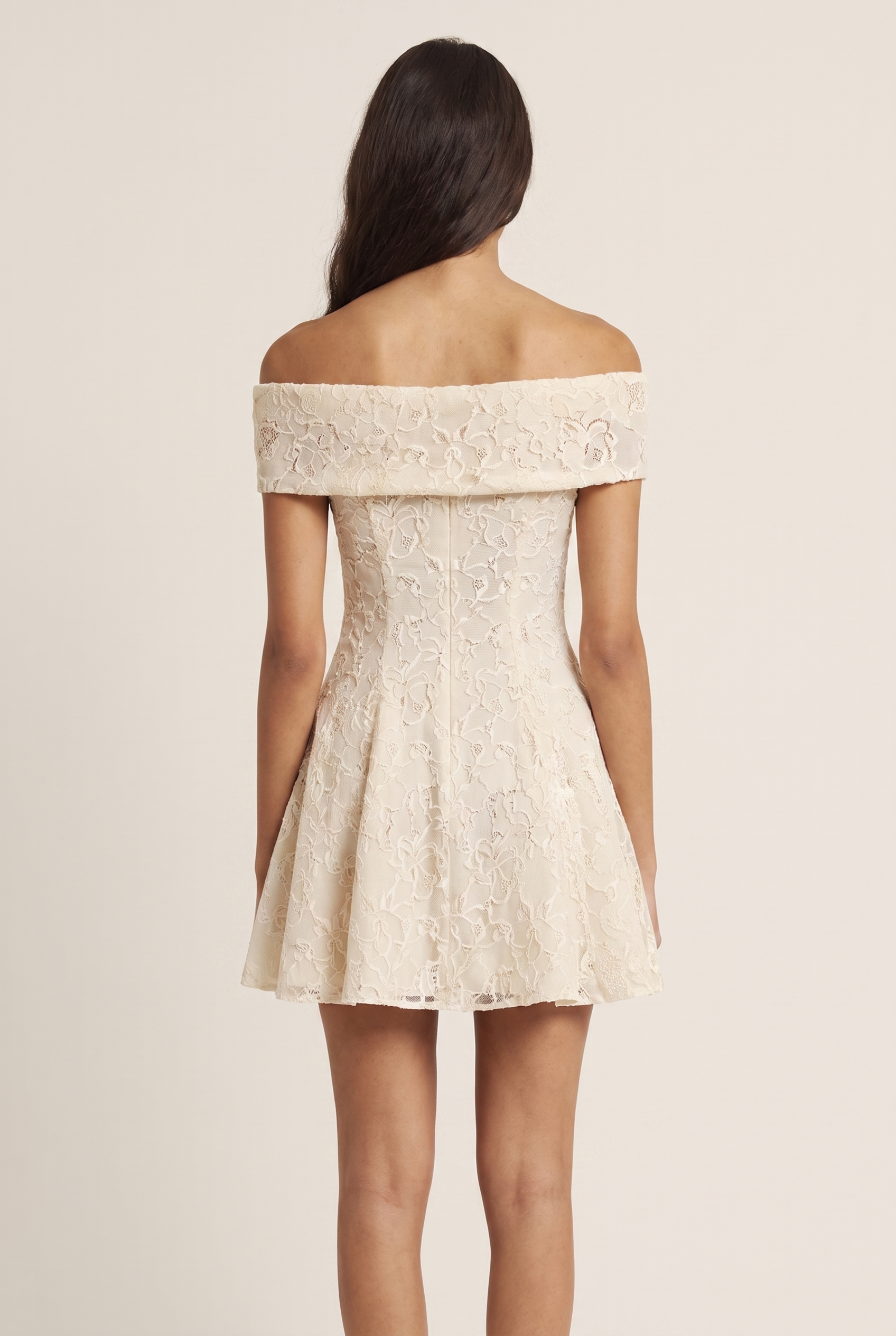 Cream Lace Off Shoulder Mini Dress - Back View