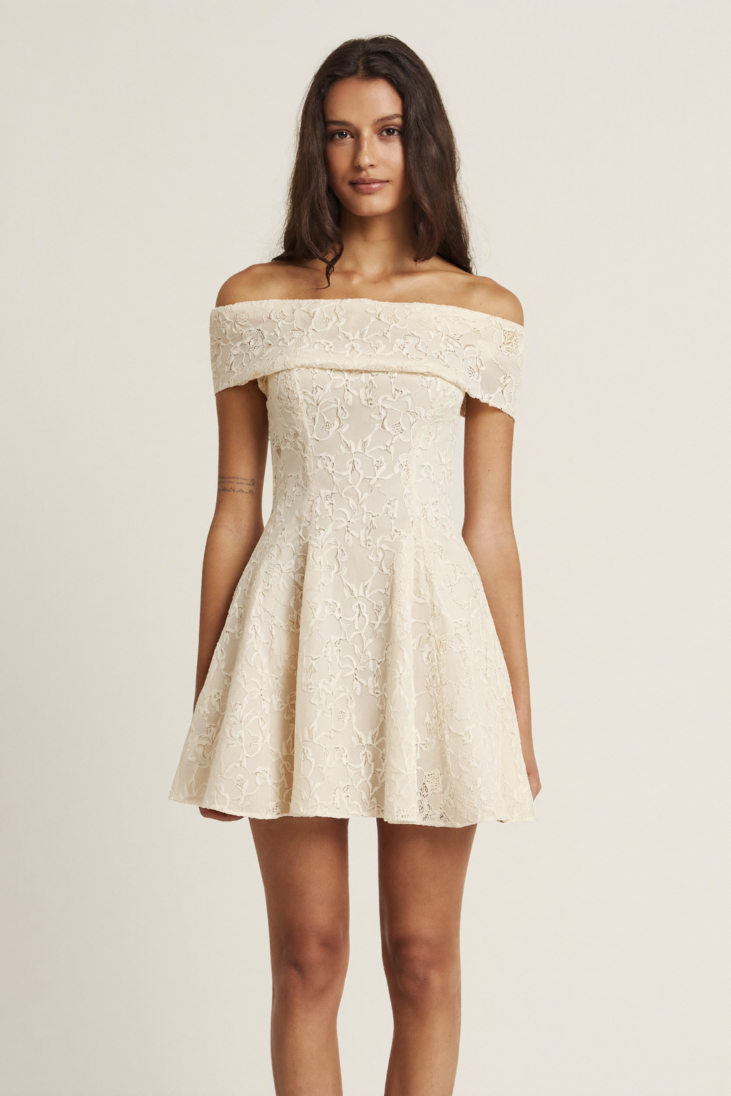 Cream Lace Off Shoulder Mini Dress - Front View