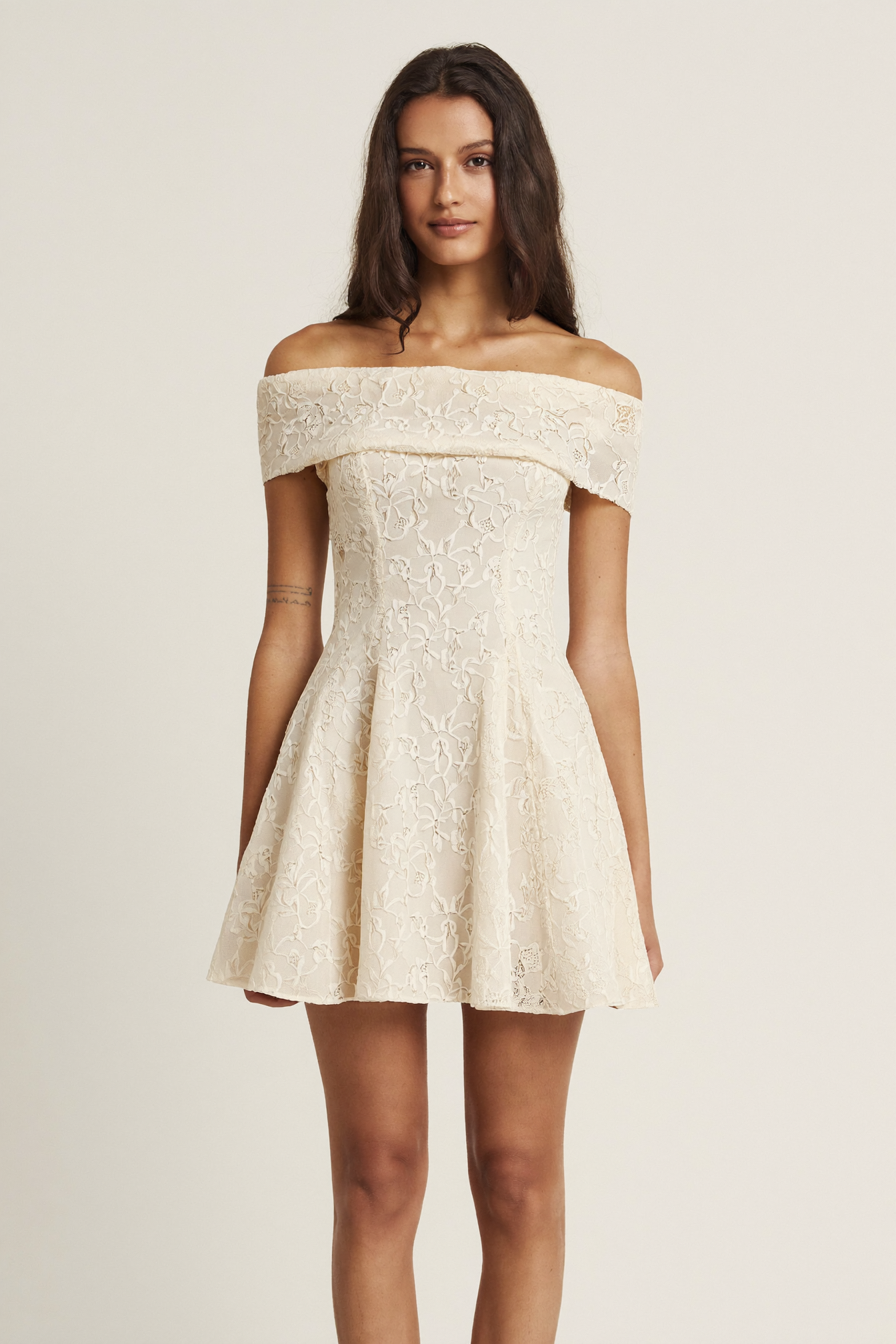 Cream Lace Off Shoulder Mini Dress - Front View