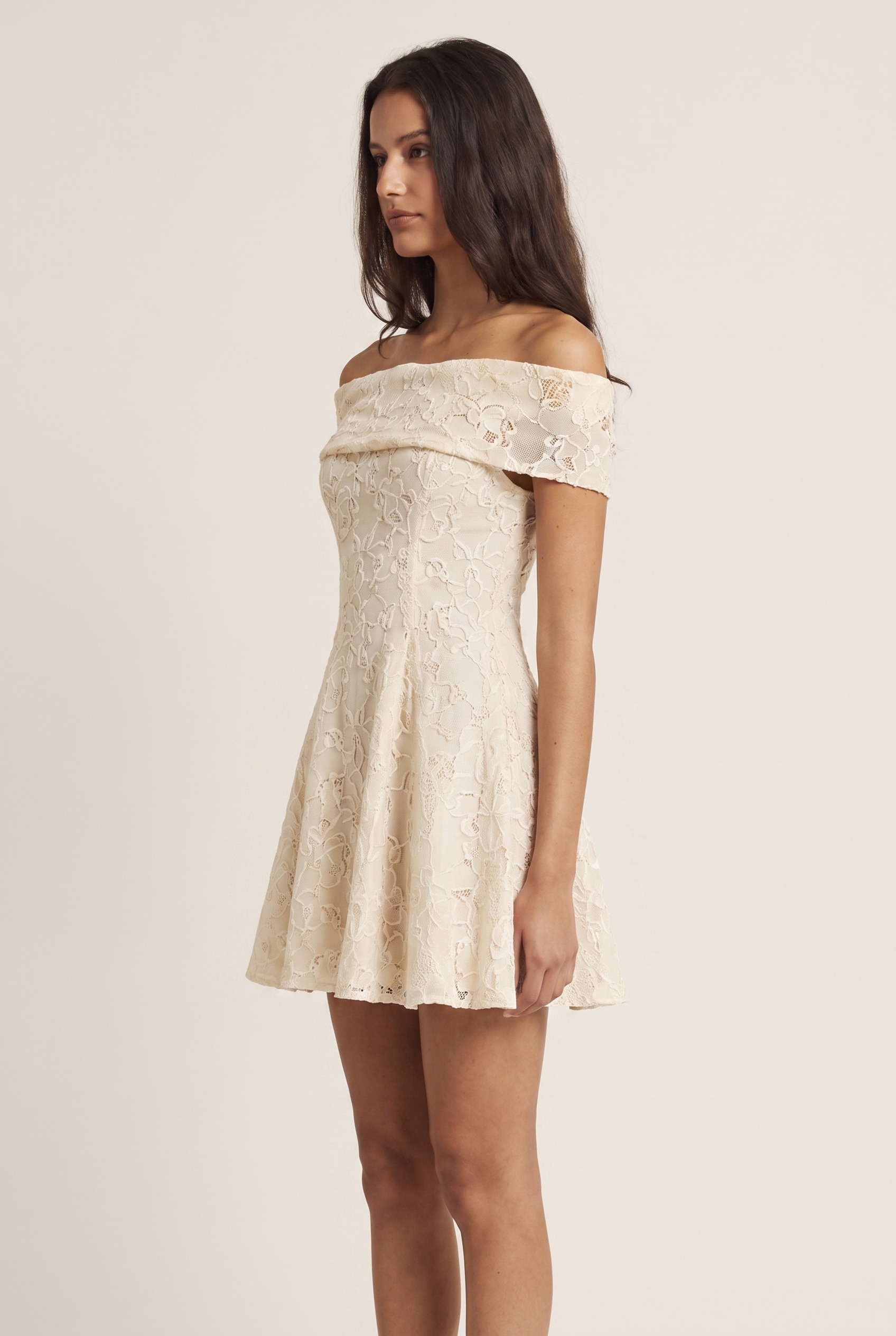Cream Lace Off Shoulder Mini Dress - Side View