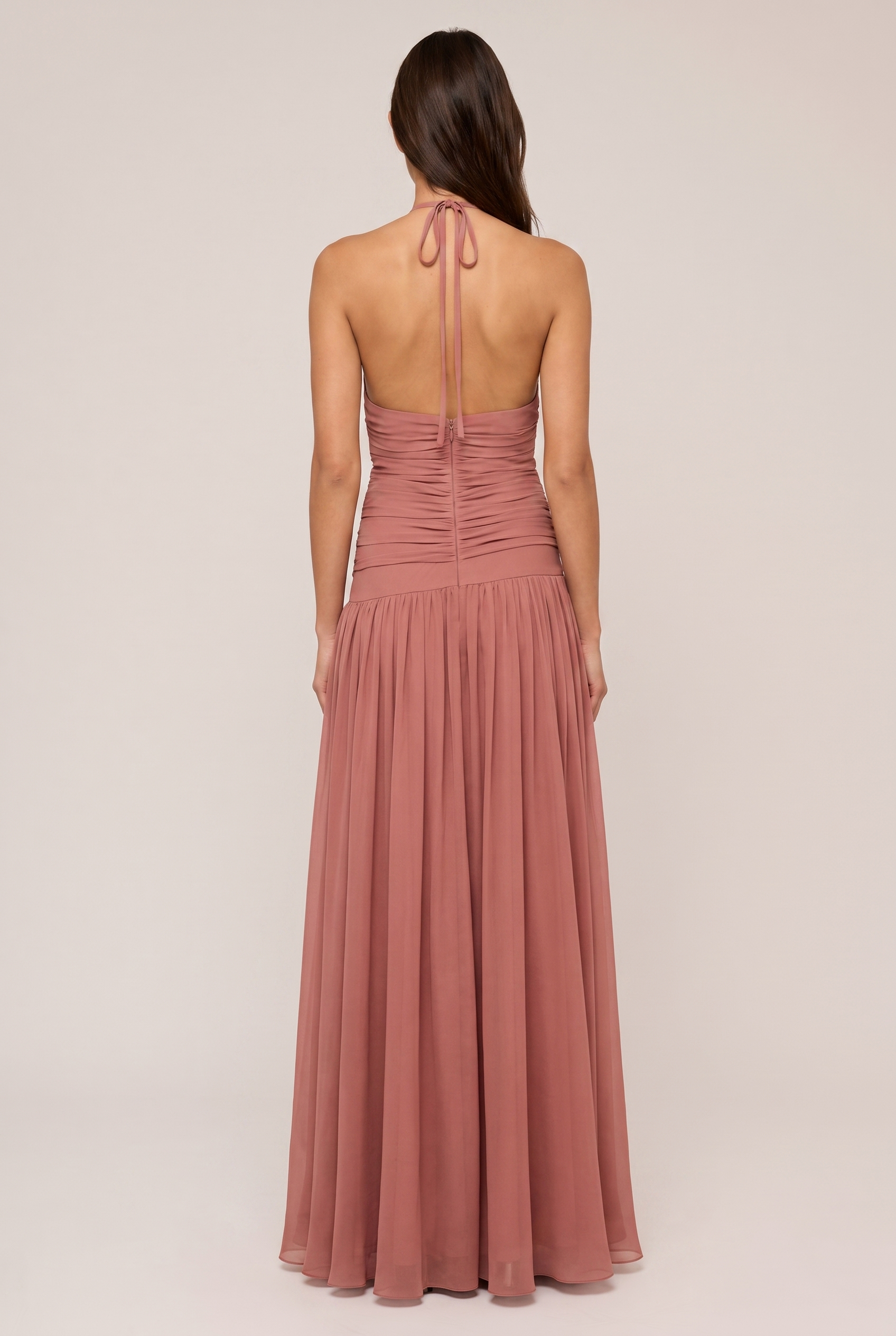 Dusty Rose Chiffon Halter Maxi Dress - Back View