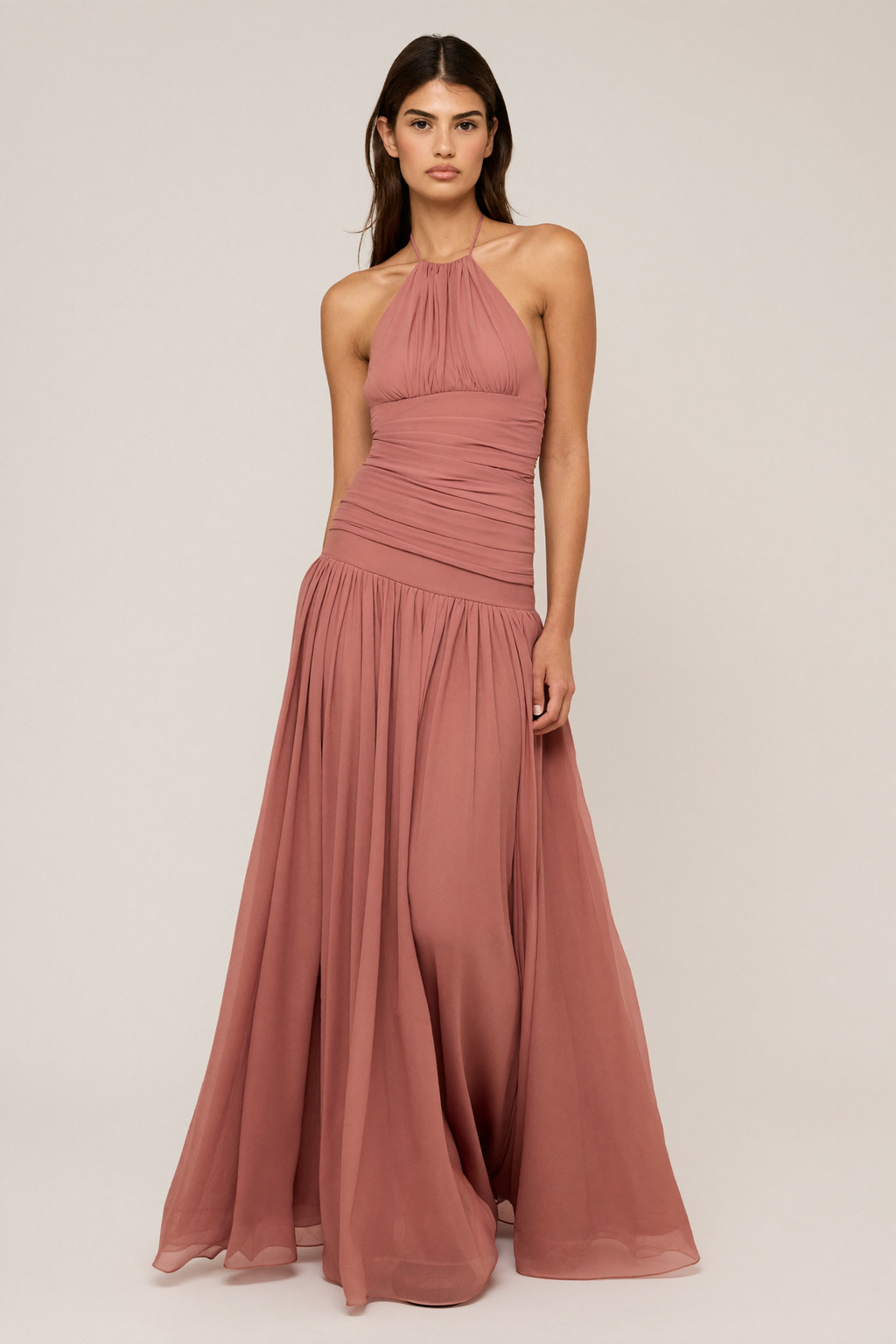 Dusty Rose Chiffon Halter Maxi Dress - Front View