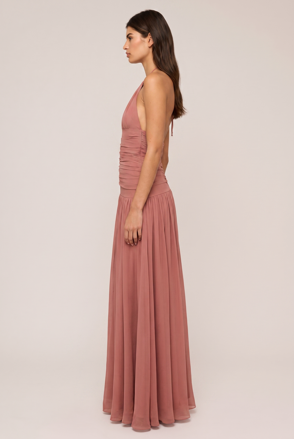 Dusty Rose Chiffon Halter Maxi Dress - Side View