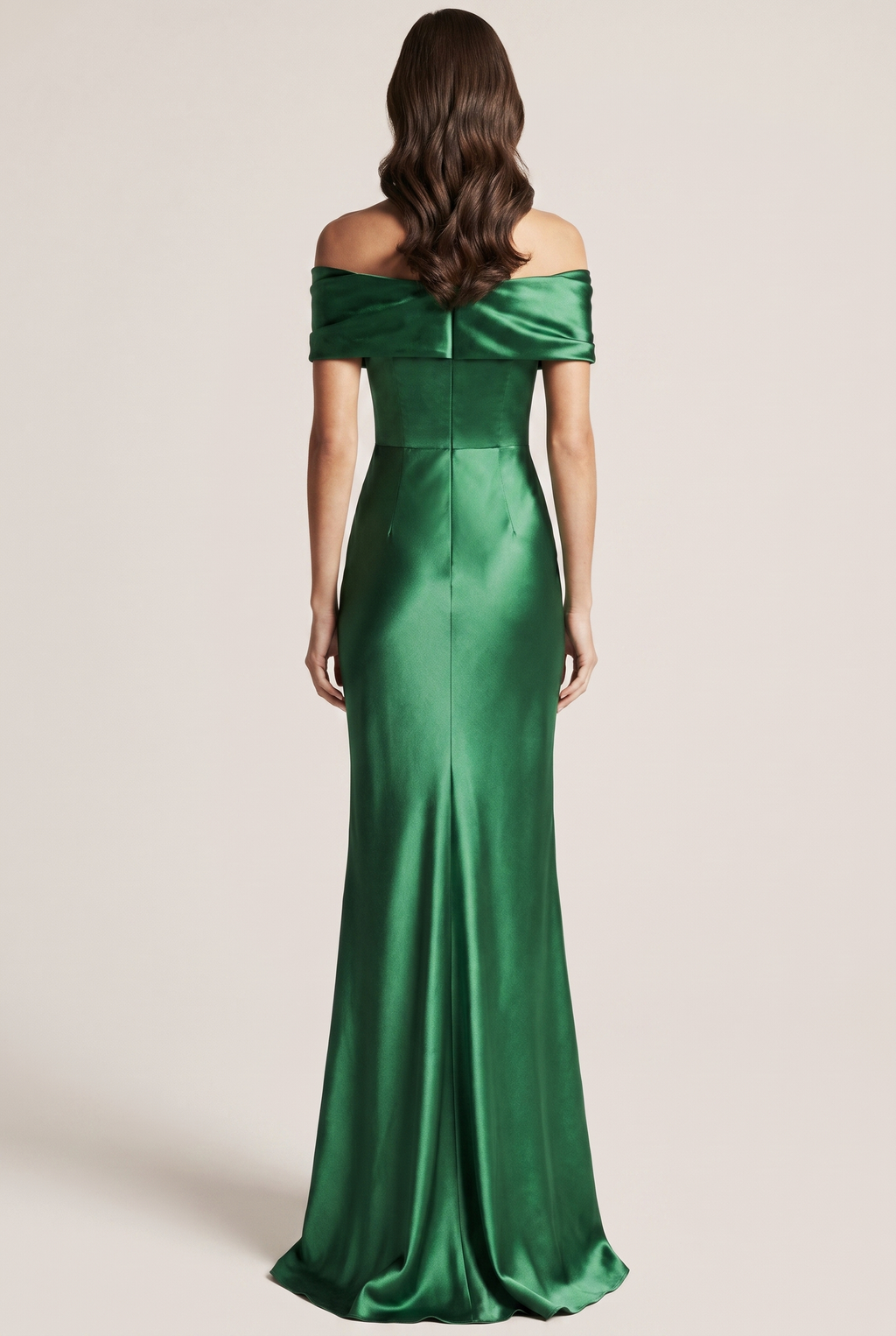 Emerald Satin Off Shoulder Maxi Dress - Back View