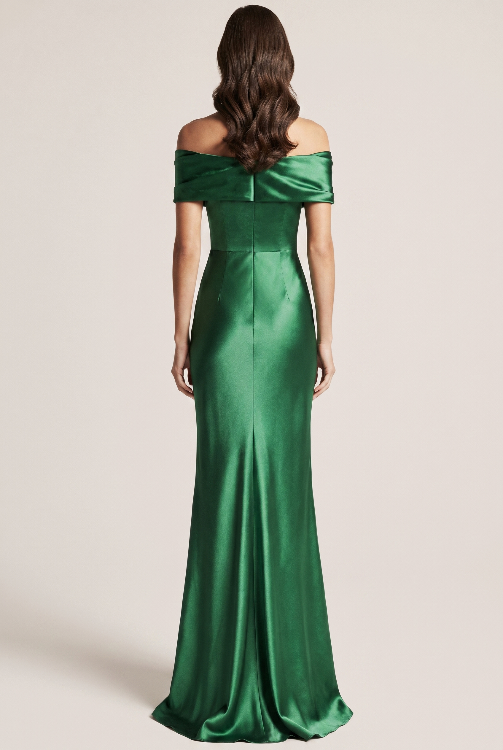 Emerald Satin Off Shoulder Maxi Dress - Back View
