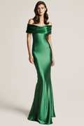 Emerald Satin Off Shoulder Maxi Dress - Front View