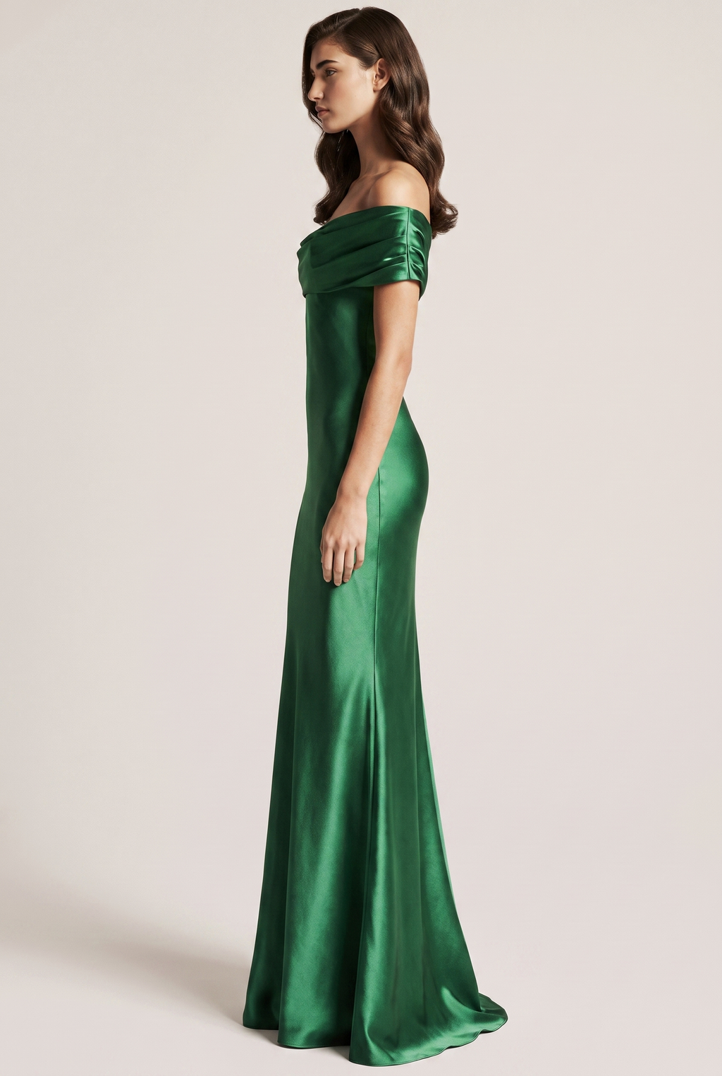 Emerald Satin Off Shoulder Maxi Dress - Side View