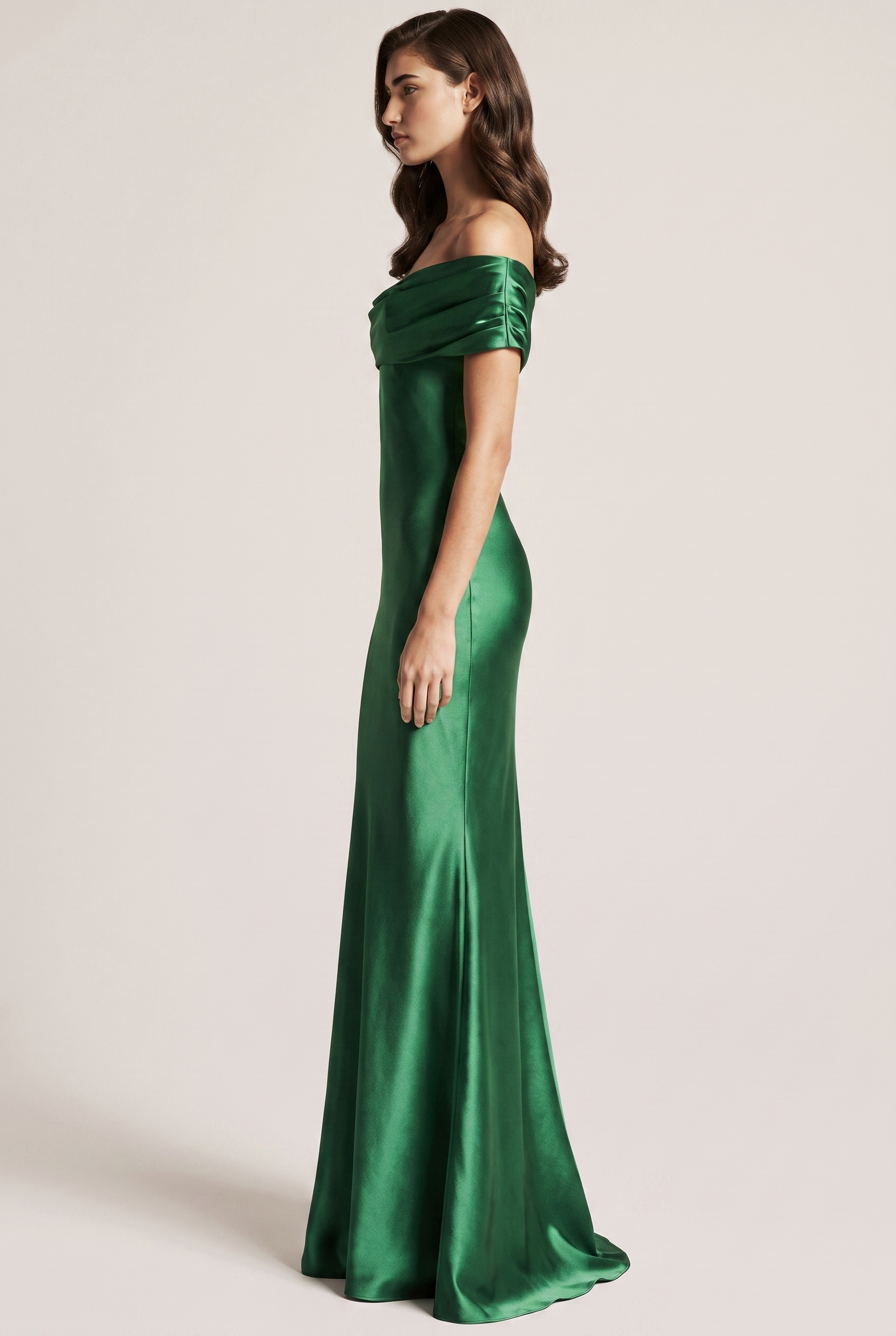 Emerald Satin Off Shoulder Maxi Dress - Side View
