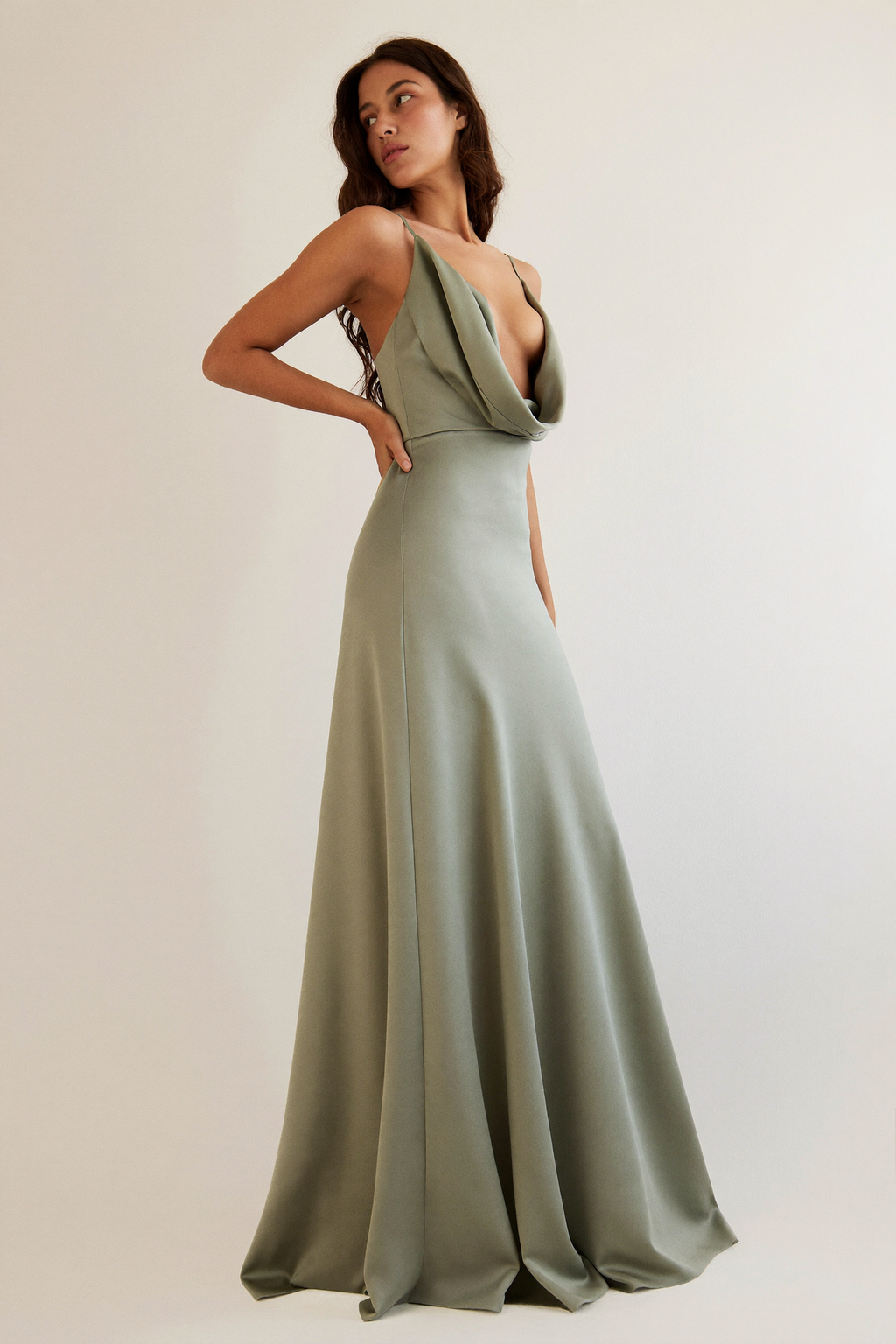 Sage Satin Cowl Neck Maxi Dress - Side View