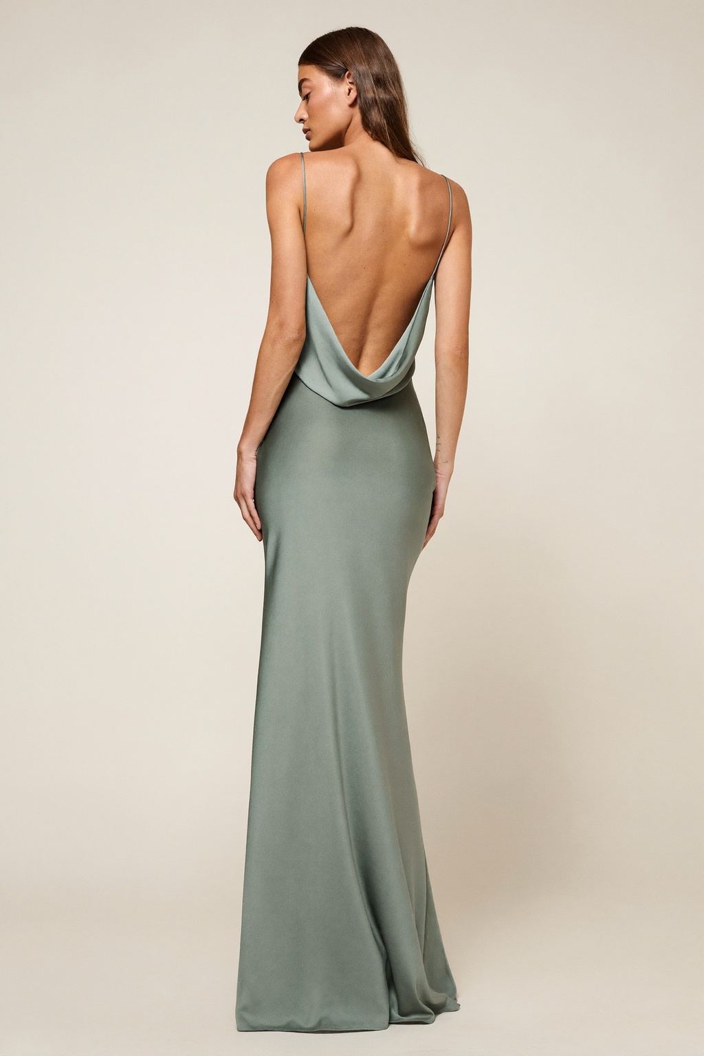 Sage Satin Cowl Neck Maxi Dress - Back View