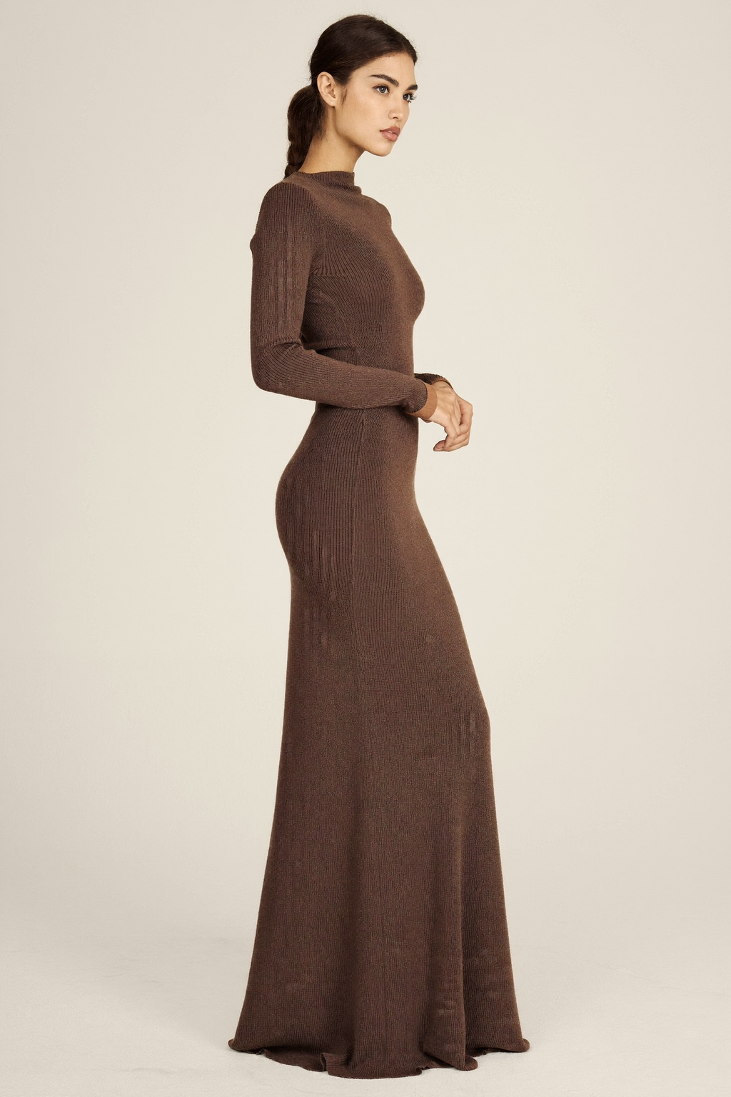 Chocolate Ribbed Knit Maxi Dress - Side View