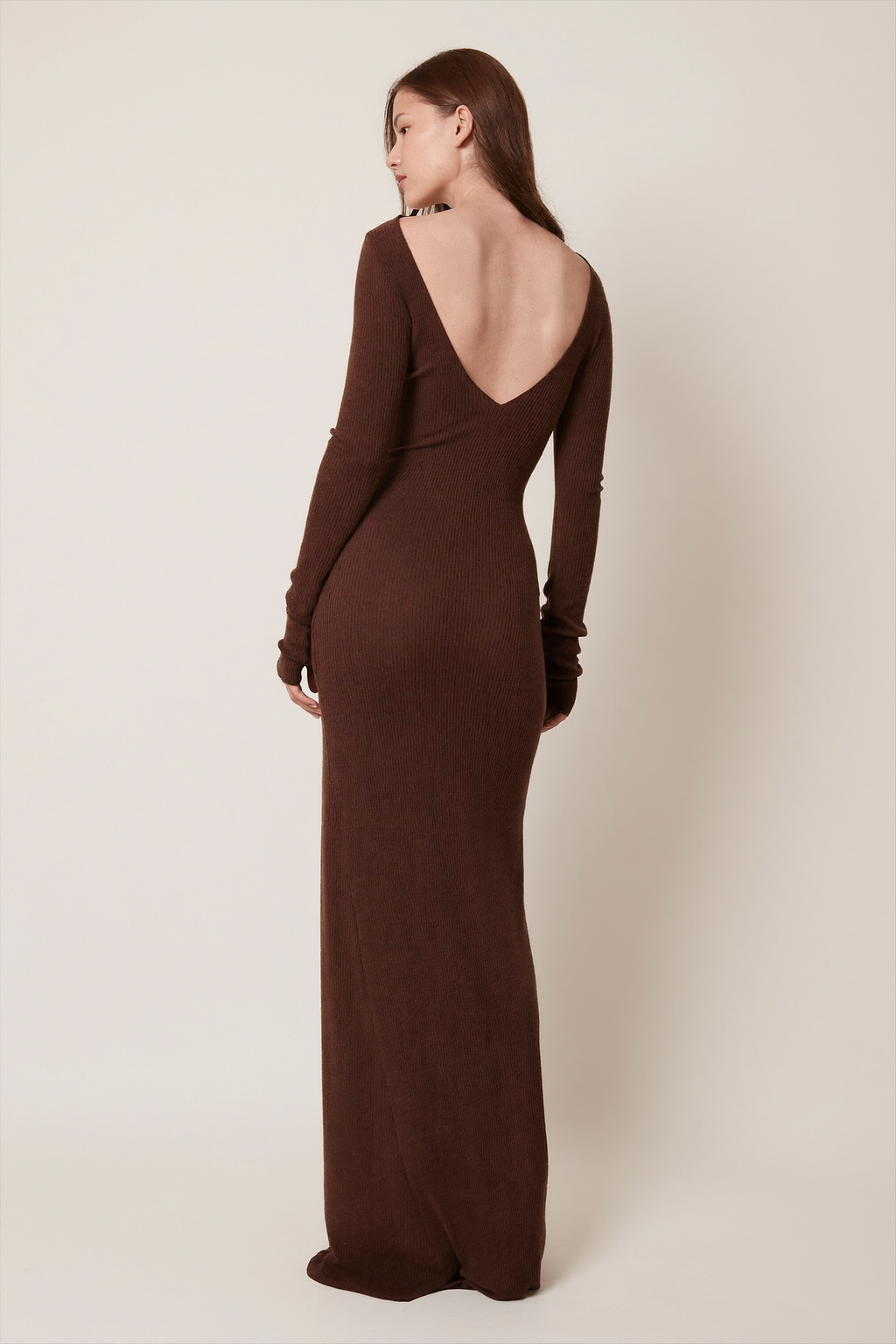 Chocolate Ribbed Knit Maxi Dress - Back View
