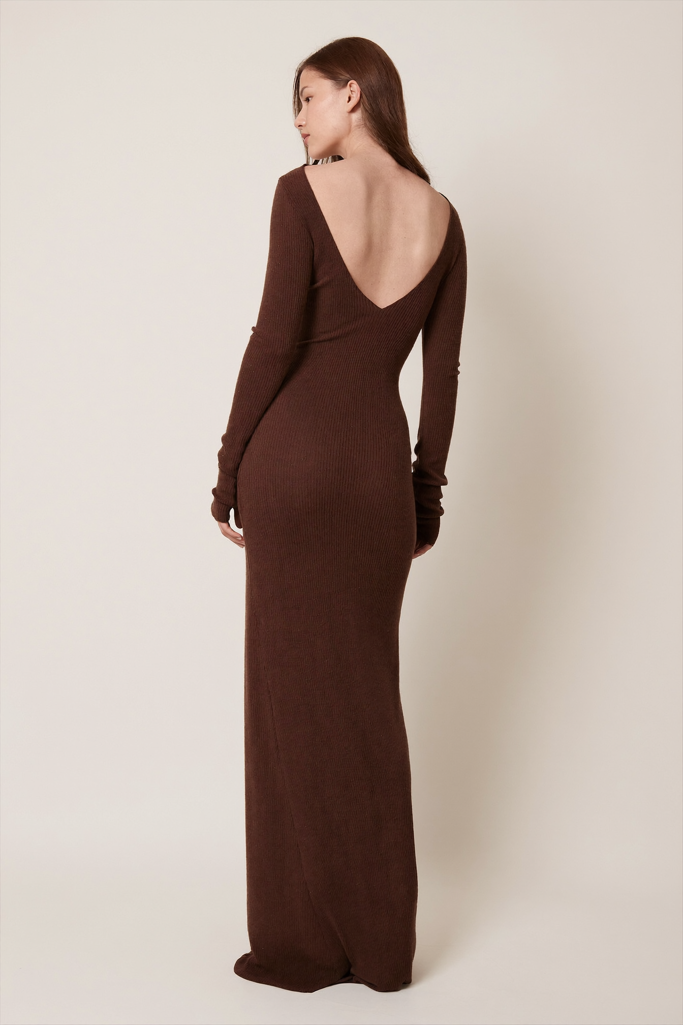 Chocolate Ribbed Knit Maxi Dress - Back View