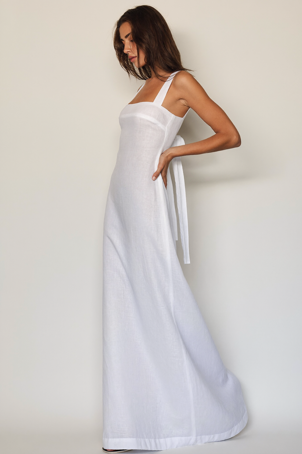White Linen Tie Back Maxi Dress - Side View
