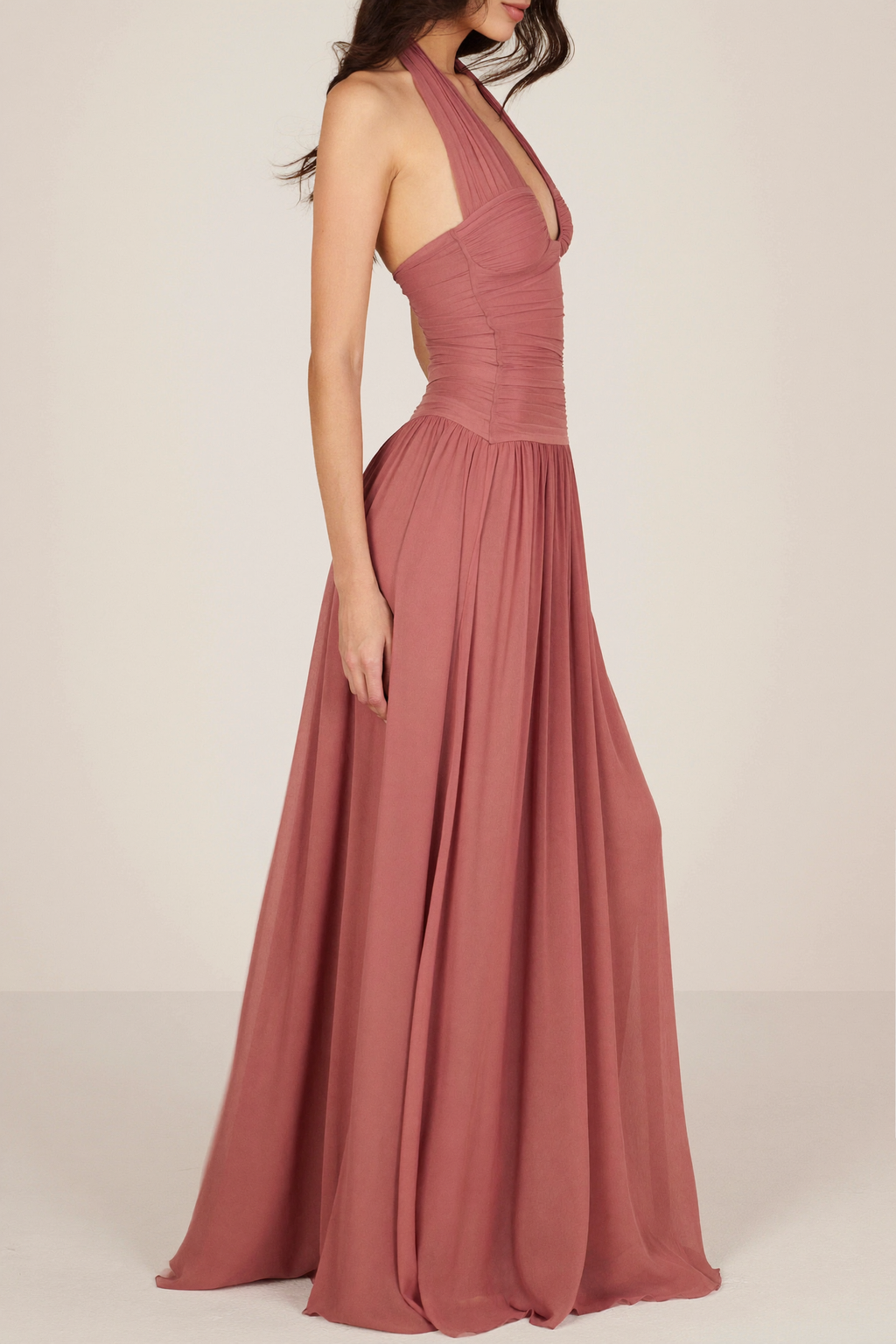 Dusty Rose Chiffon Halter Maxi Dress - Side View