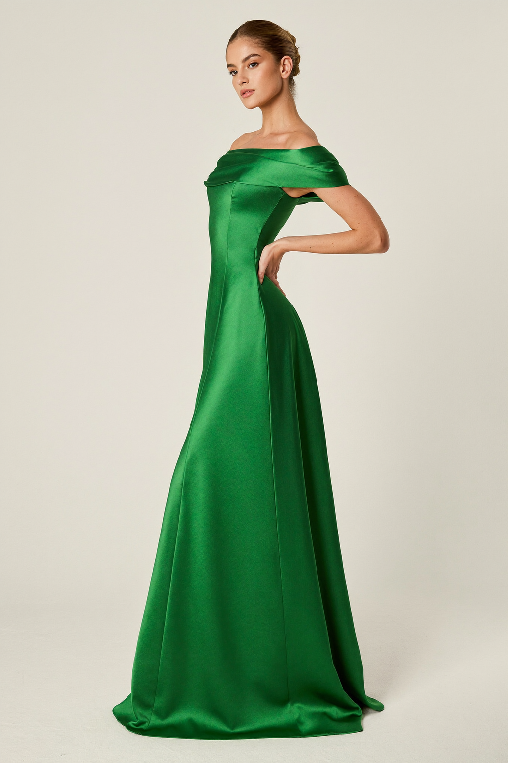 Emerald Satin Off Shoulder Maxi Dress - Side View