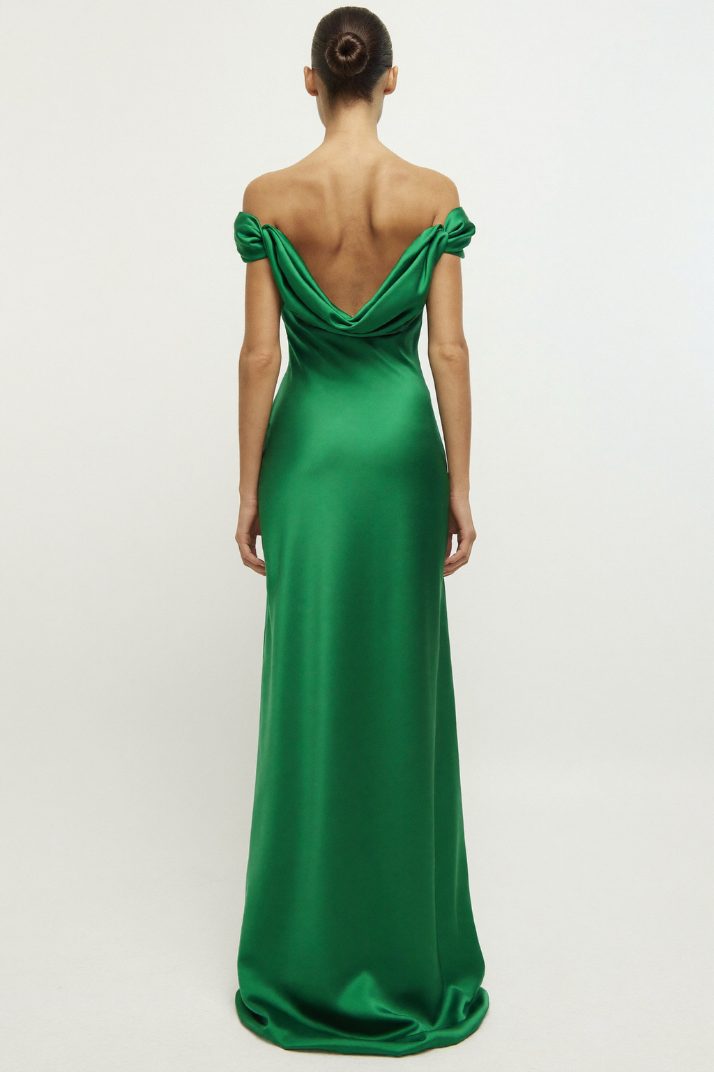 Emerald Satin Off Shoulder Maxi Dress - Back View