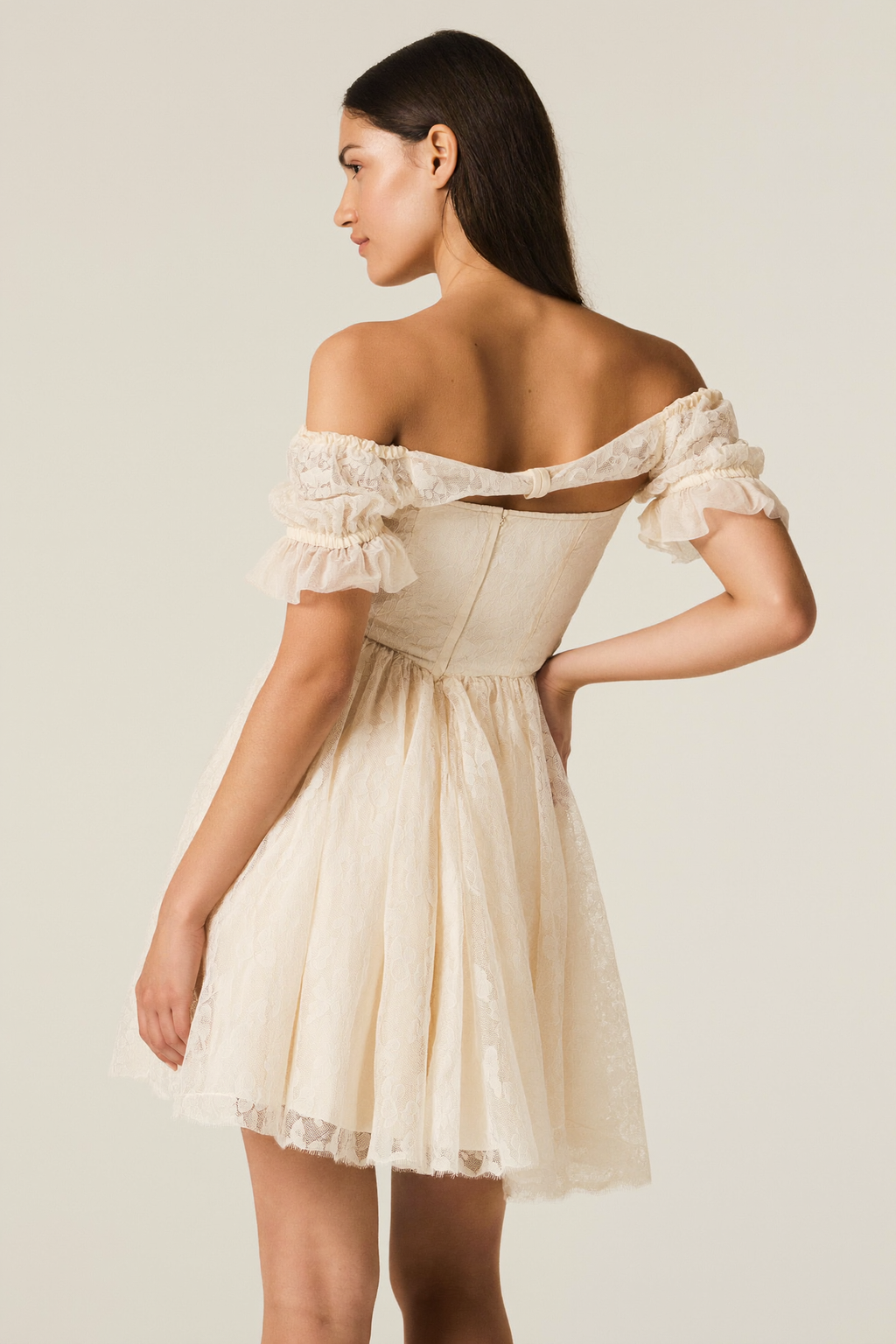 Cream Lace Off Shoulder Mini Dress - Back View