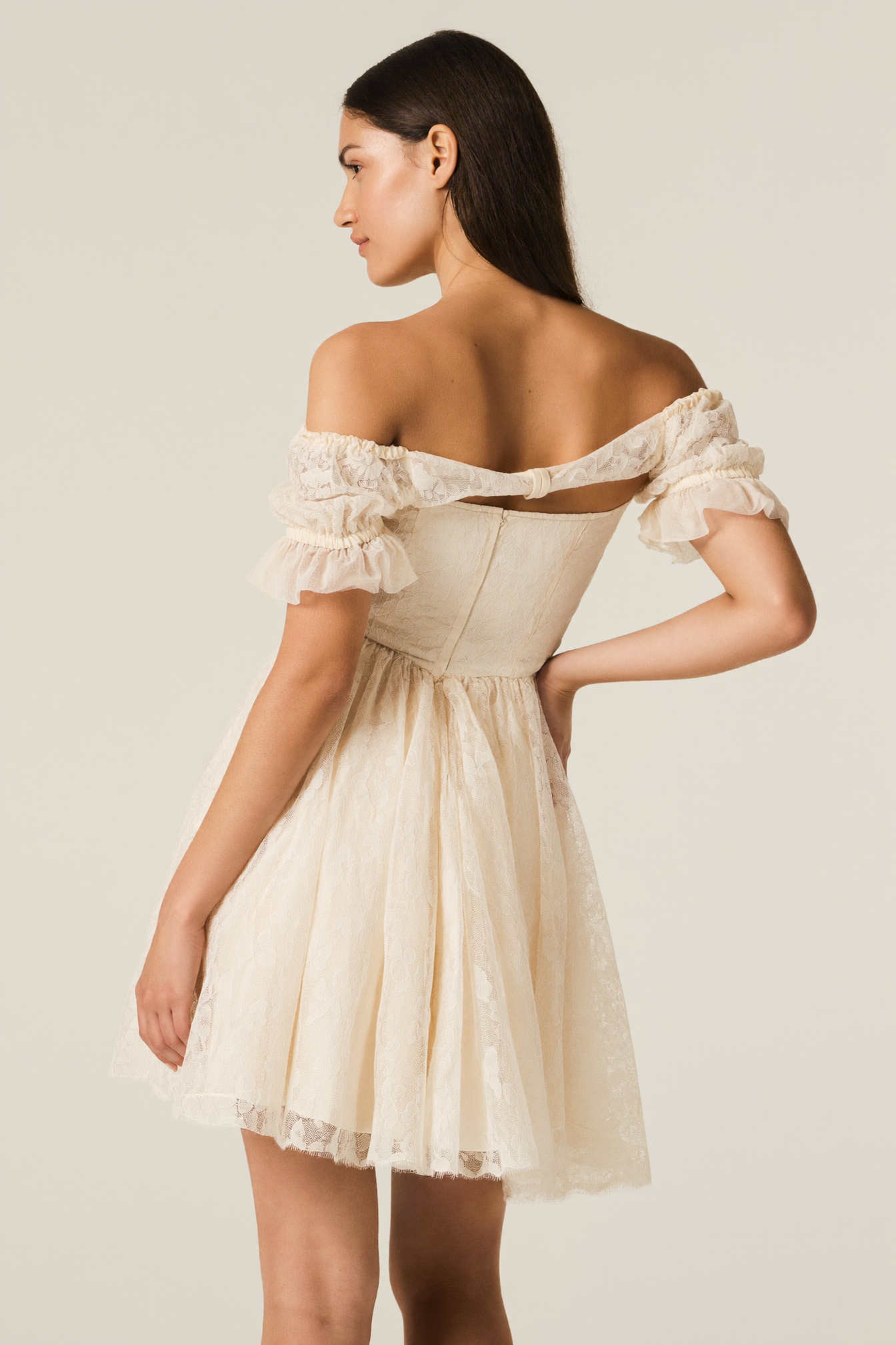 Cream Lace Off Shoulder Mini Dress - Back View