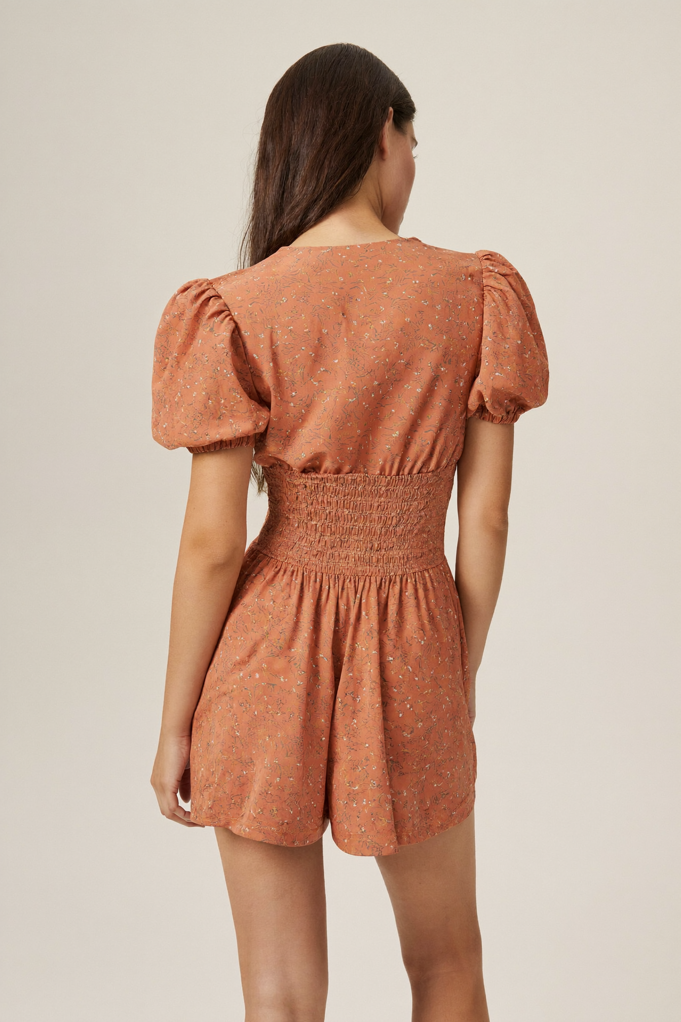 Terracotta Floral Print Playsuit - Back View