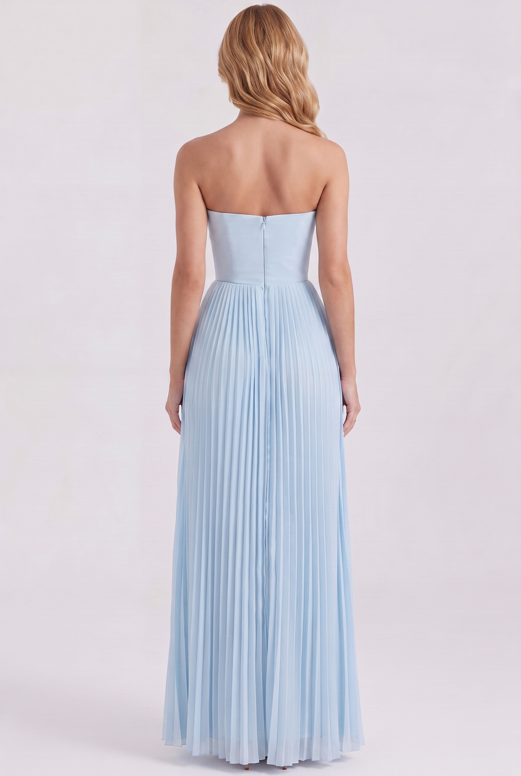 Baby Blue Pleated Strapless Maxi Dress - Back View