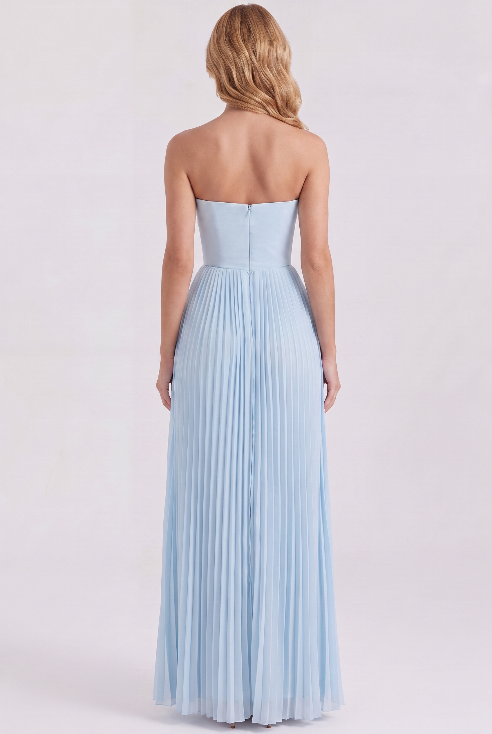 Baby Blue Pleated Strapless Maxi Dress - Back View