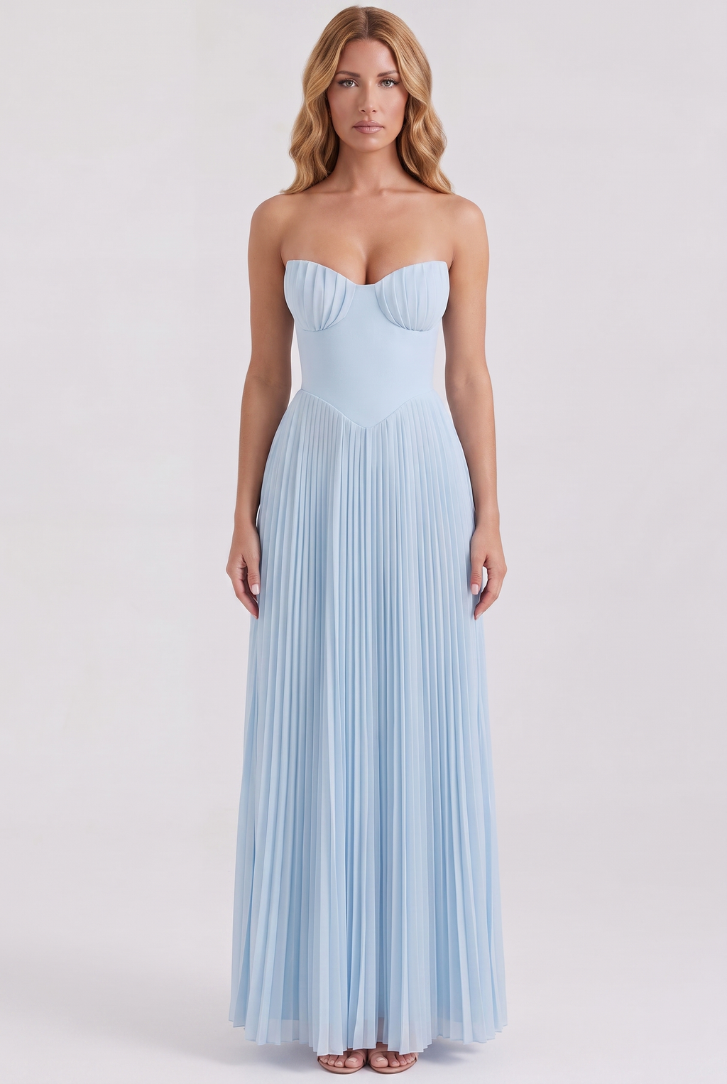 Baby Blue Pleated Strapless Maxi Dress - Front View