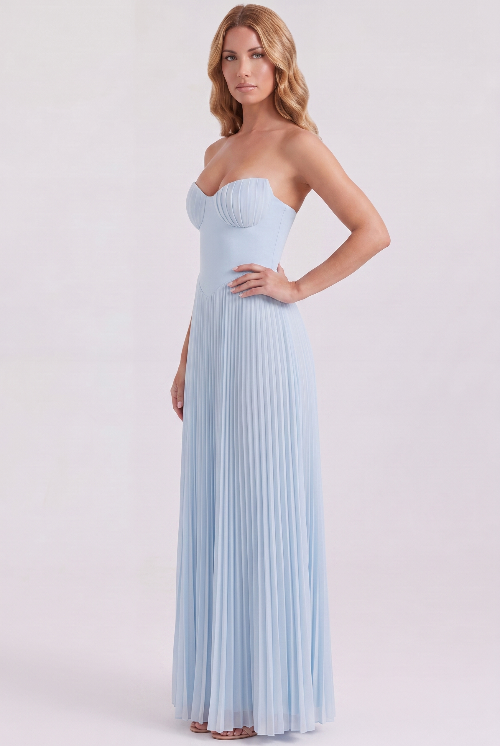 Baby Blue Pleated Strapless Maxi Dress