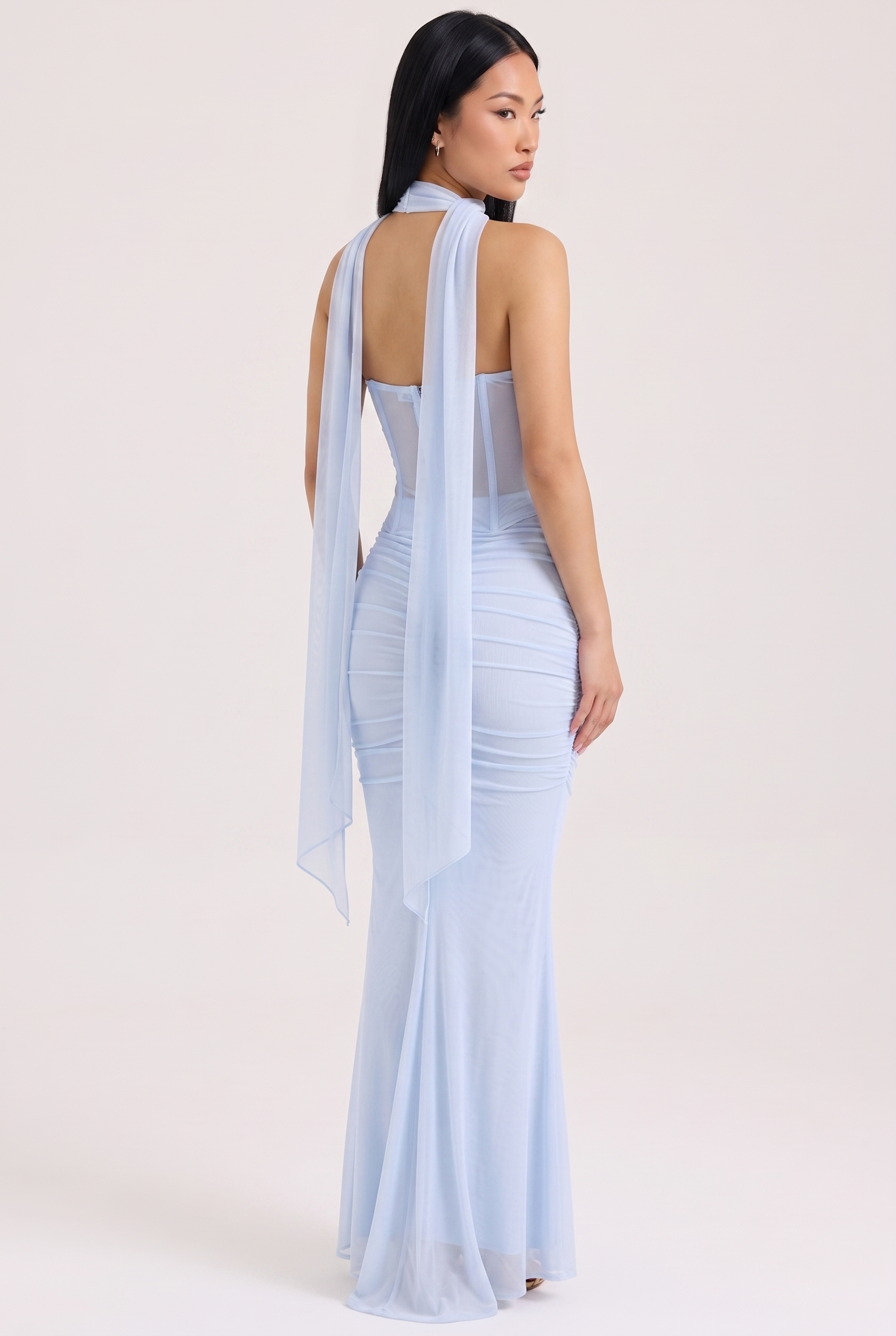 Baby Blue Ruched Mesh Corset & Skirt Set with Scarf - Back View