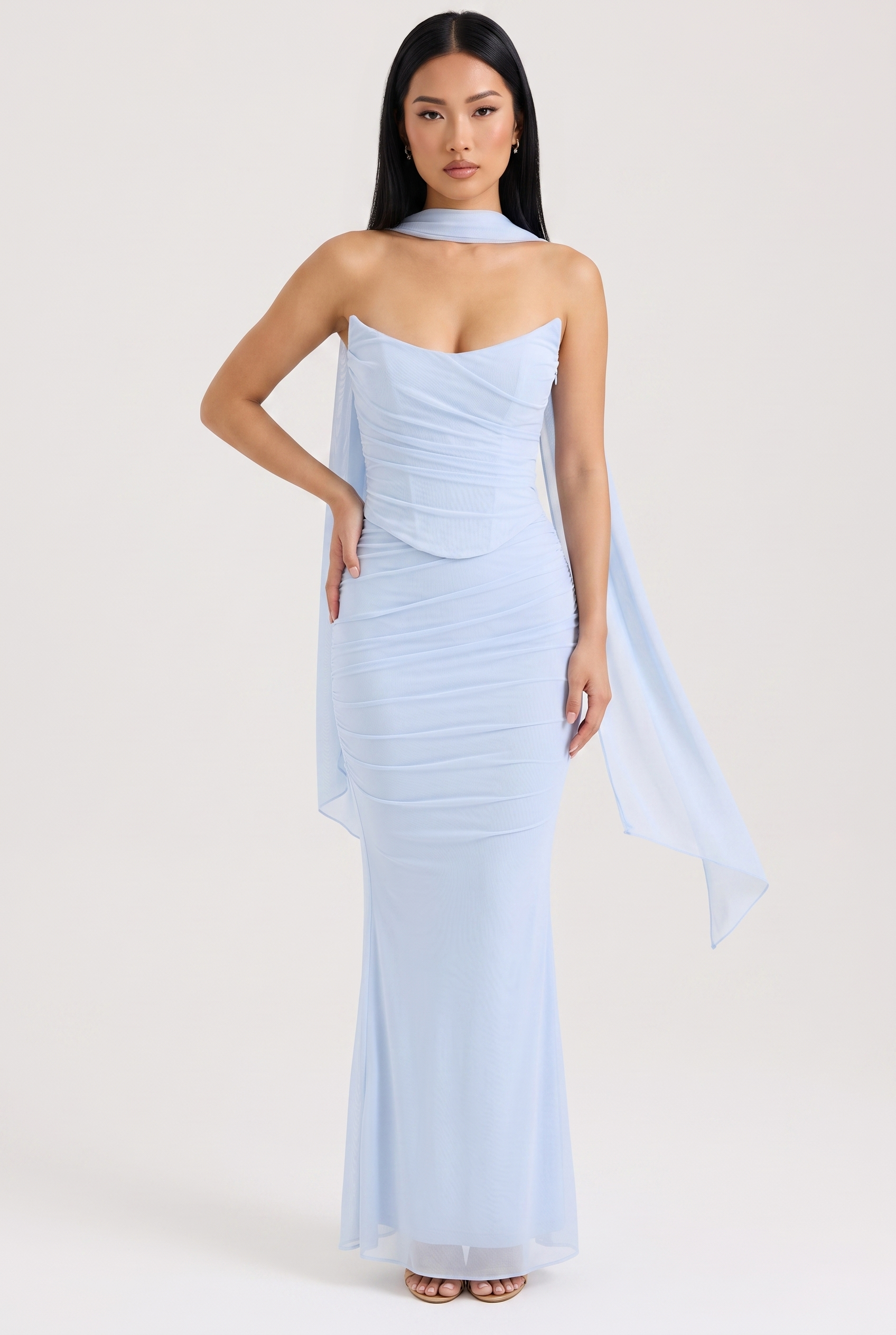 Baby Blue Ruched Mesh Corset & Skirt Set with Scarf - Front View