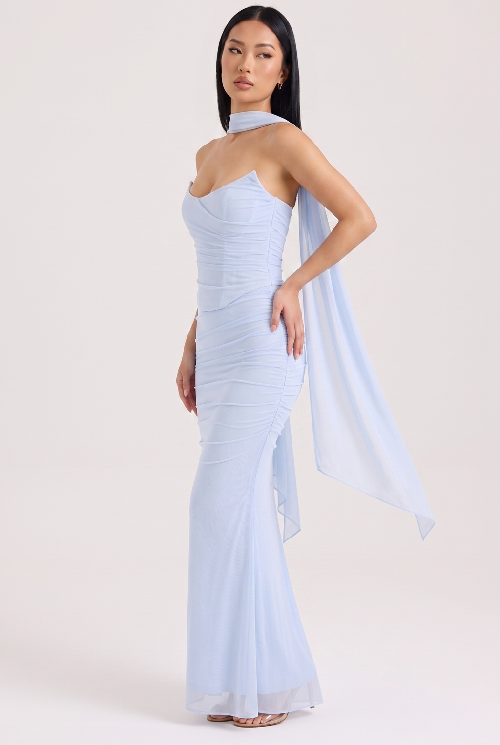 Baby Blue Ruched Mesh Corset & Skirt Set with Scarf - Side View