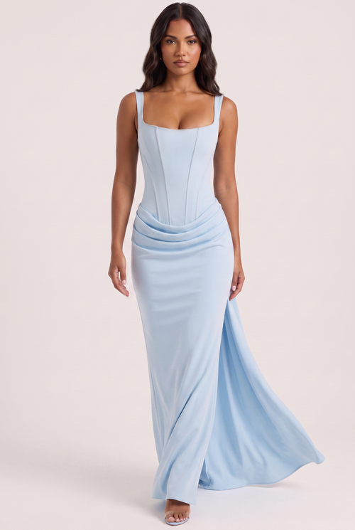 Baby Blue Satin Corset Column Maxi Dress with Lace-Up Back - Front View