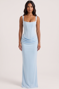 Baby Blue Satin Corset Column Maxi Dress with Lace-Up Back - Front View