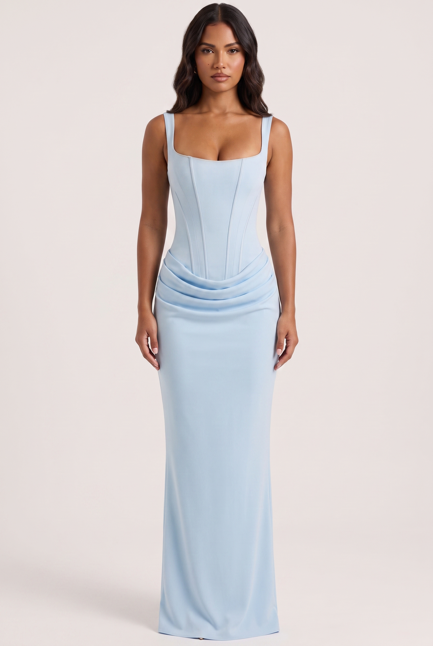 Baby Blue Satin Corset Column Maxi Dress with Lace-Up Back - Front View