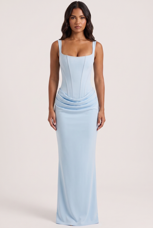 Baby Blue Satin Corset Column Maxi Dress with Lace-Up Back - Front View