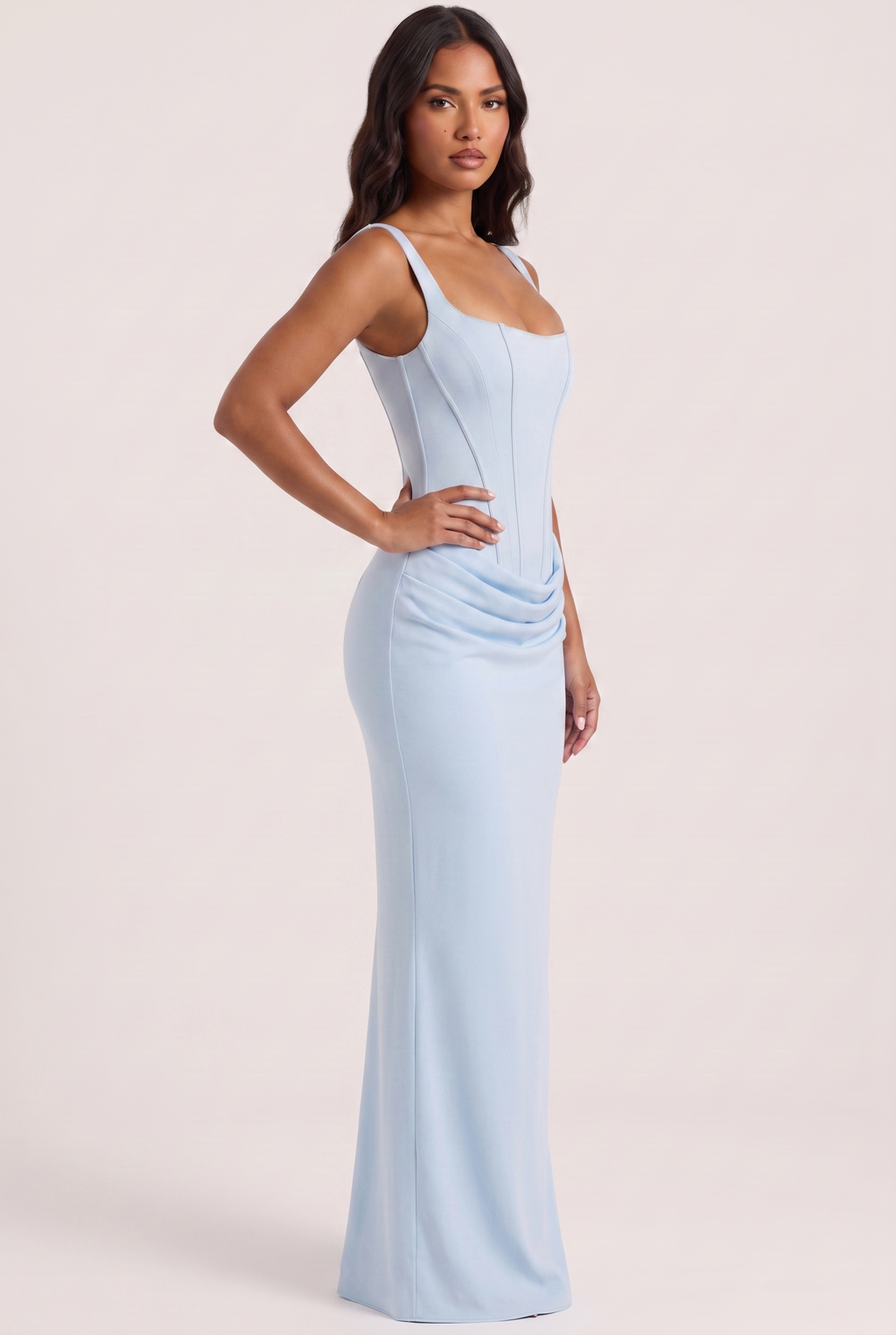 Baby Blue Satin Corset Column Maxi Dress with Lace-Up Back - Side View