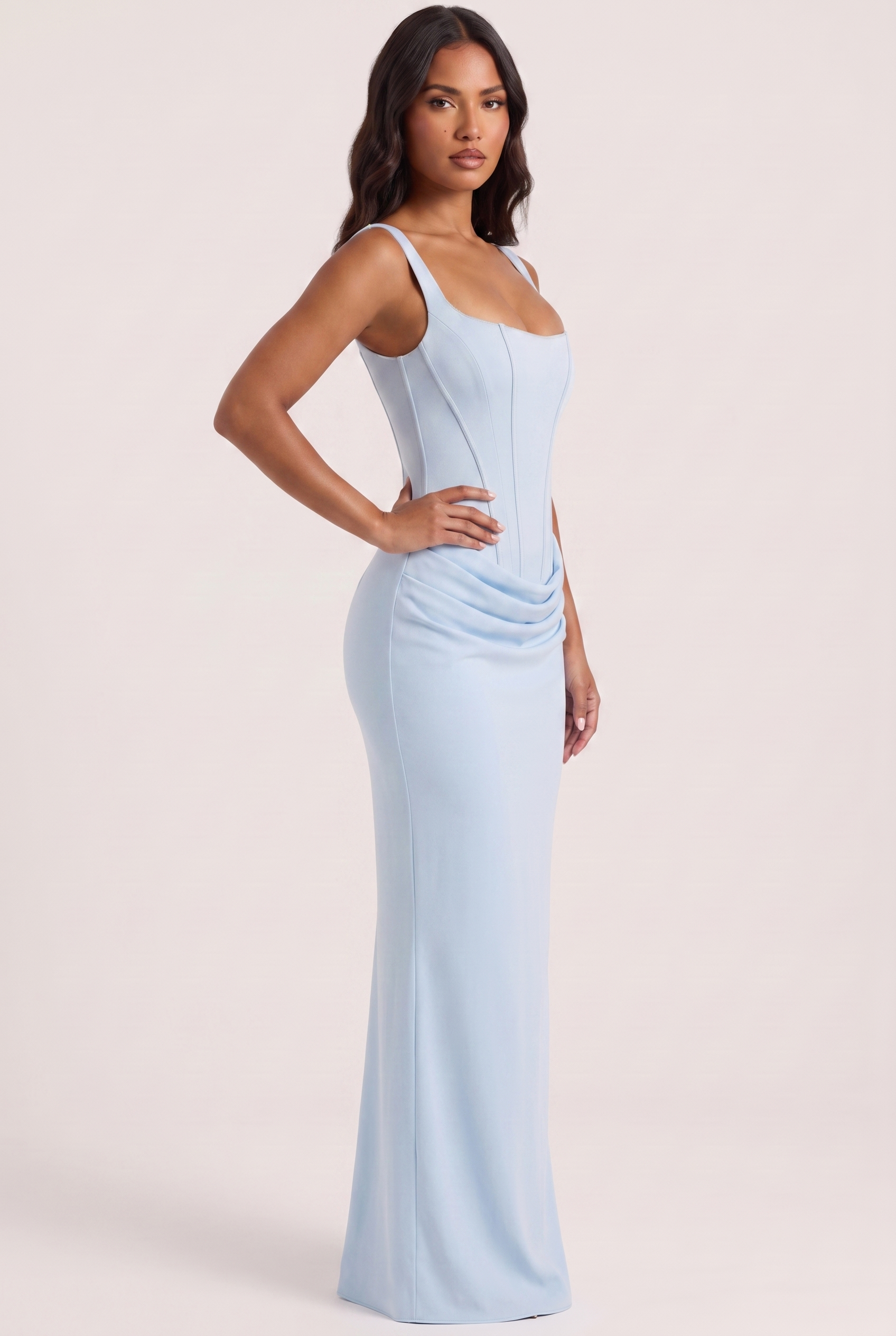 Baby Blue Satin Corset Column Maxi Dress with Lace-Up Back - Side View