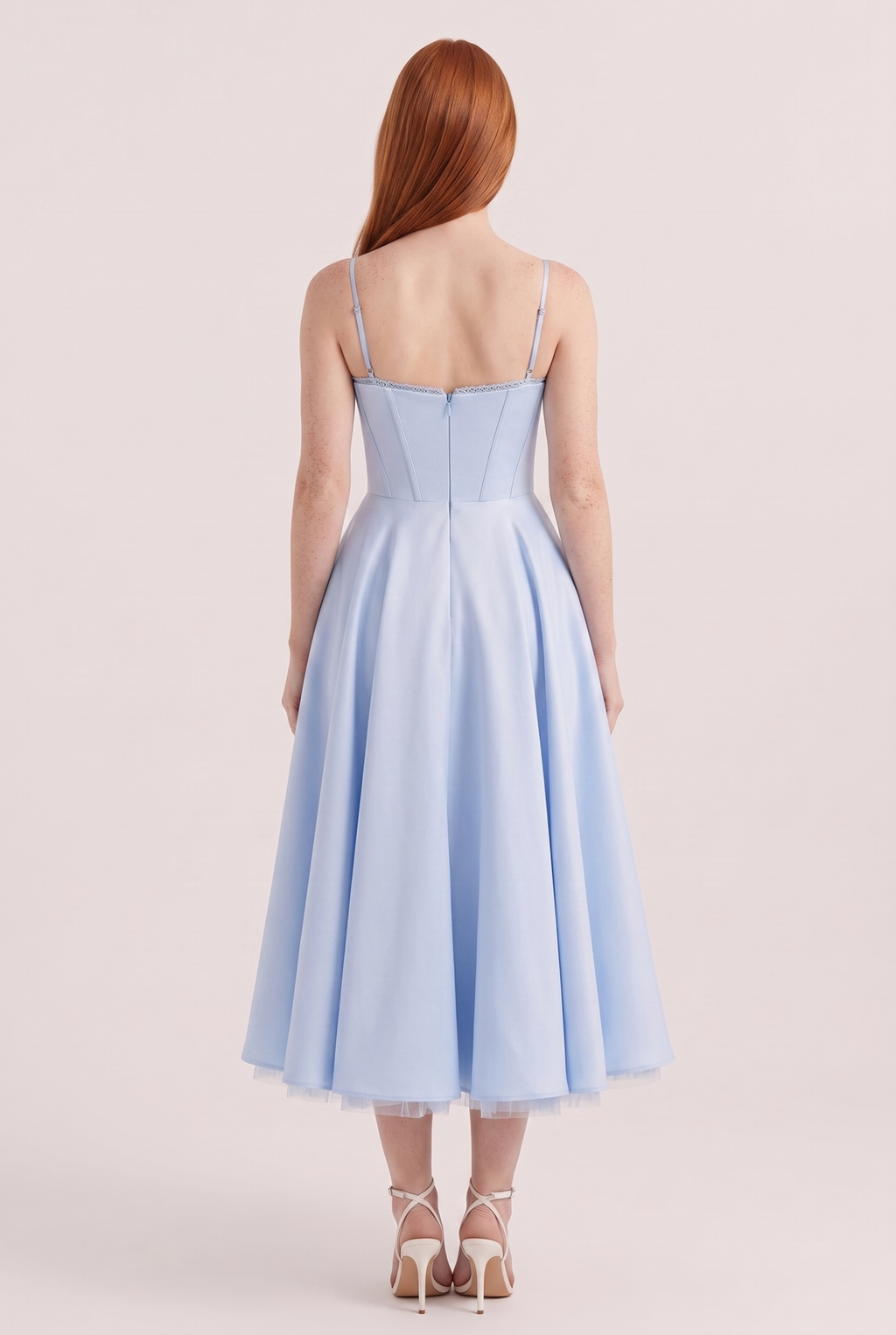 Baby Blue Satin Corset Midi Dress with Tulle Hem - Back View