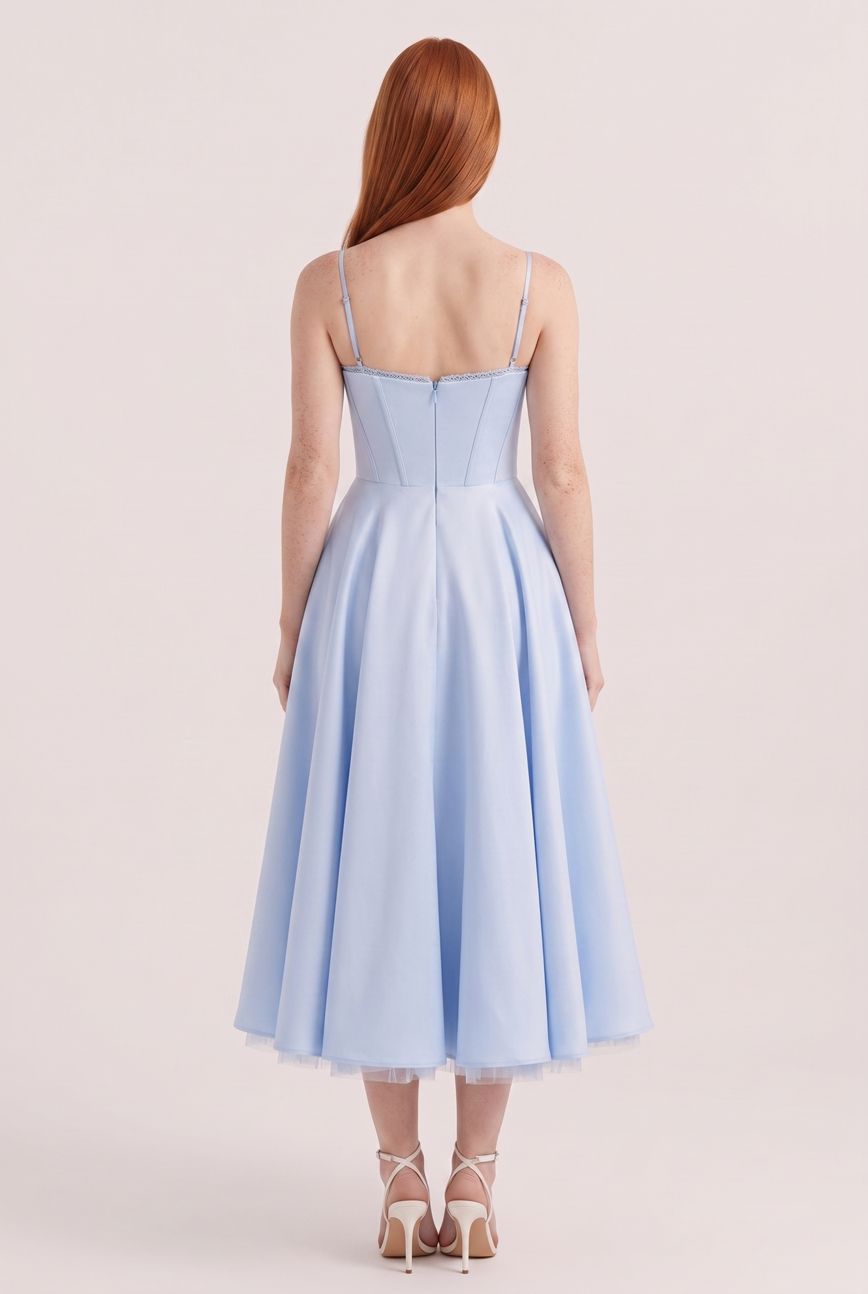 Baby Blue Satin Corset Midi Dress with Tulle Hem - Back View