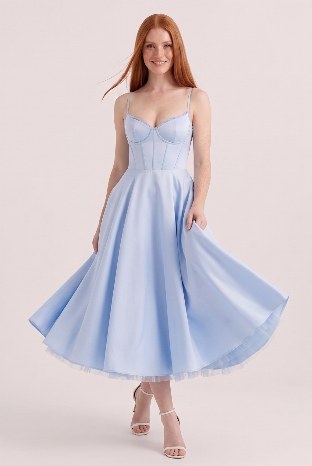 Baby Blue Satin Corset Midi Dress with Tulle Hem - Front View in Motion