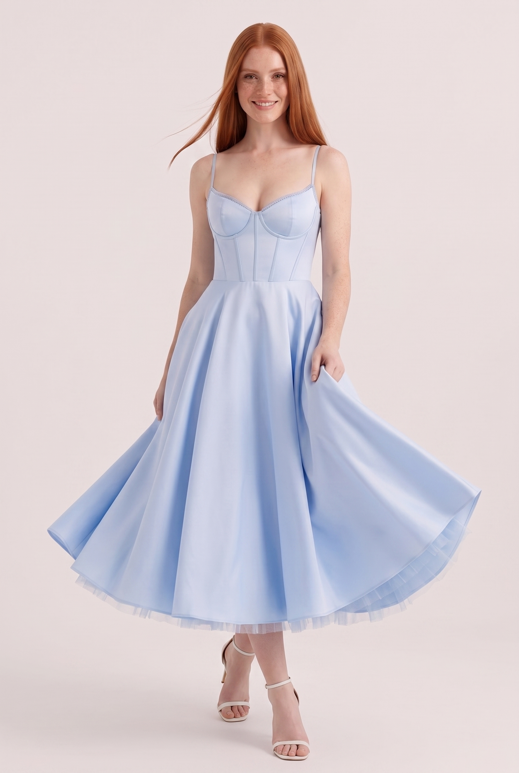 Baby Blue Satin Corset Midi Dress with Tulle Hem - Front View in Motion