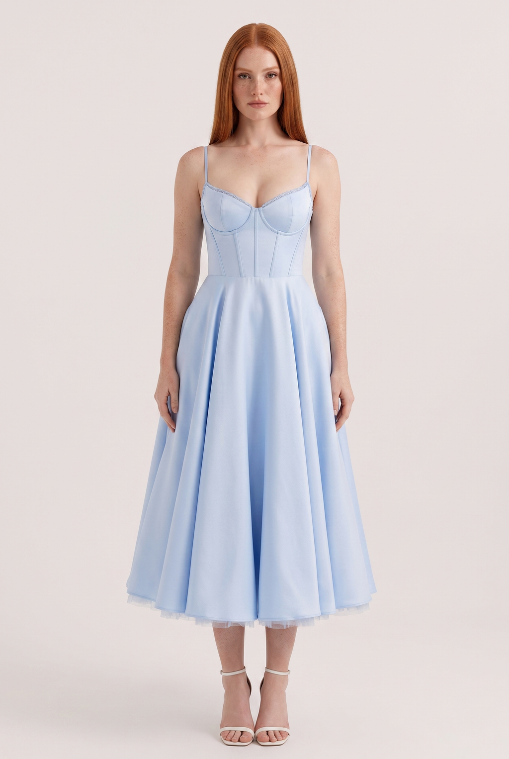 Baby Blue Satin Corset Midi Dress with Tulle Hem - Front View